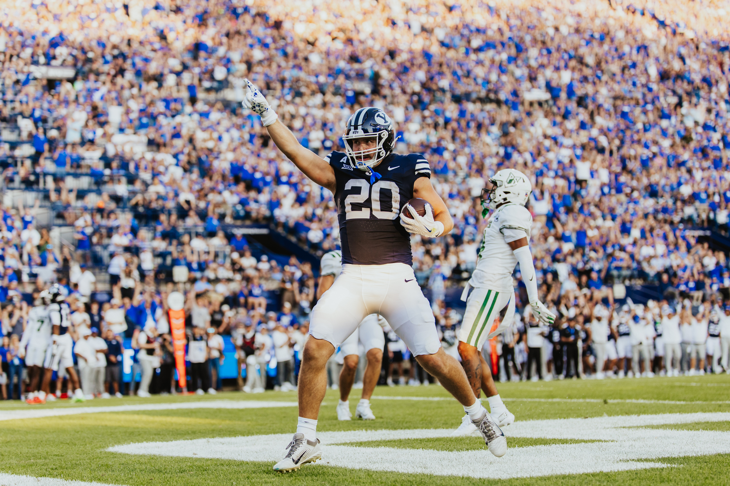 BYU tight end Carsen Ryan celebrates a touchdown during the first half of an NCAA college football game, Saturday, Aug. 30, 2025 at LaVell Edwards Stadium in Provo, Utah.