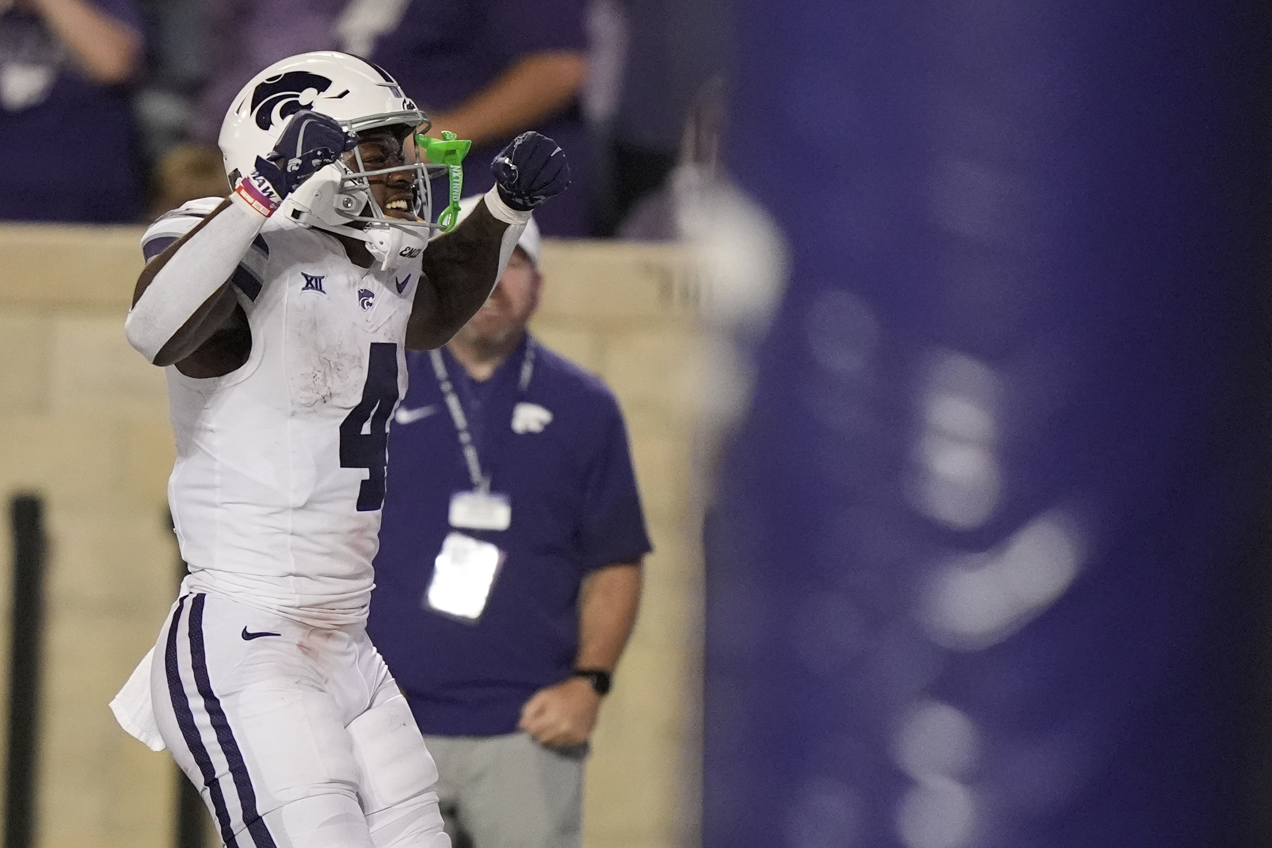 Kansas State running back Joe Jackson celebrates after scoring a touchdown during the second half of an NCAA college football game against North Dakota, Saturday, Aug. 30, 2025, in Manhattan, Kan. 