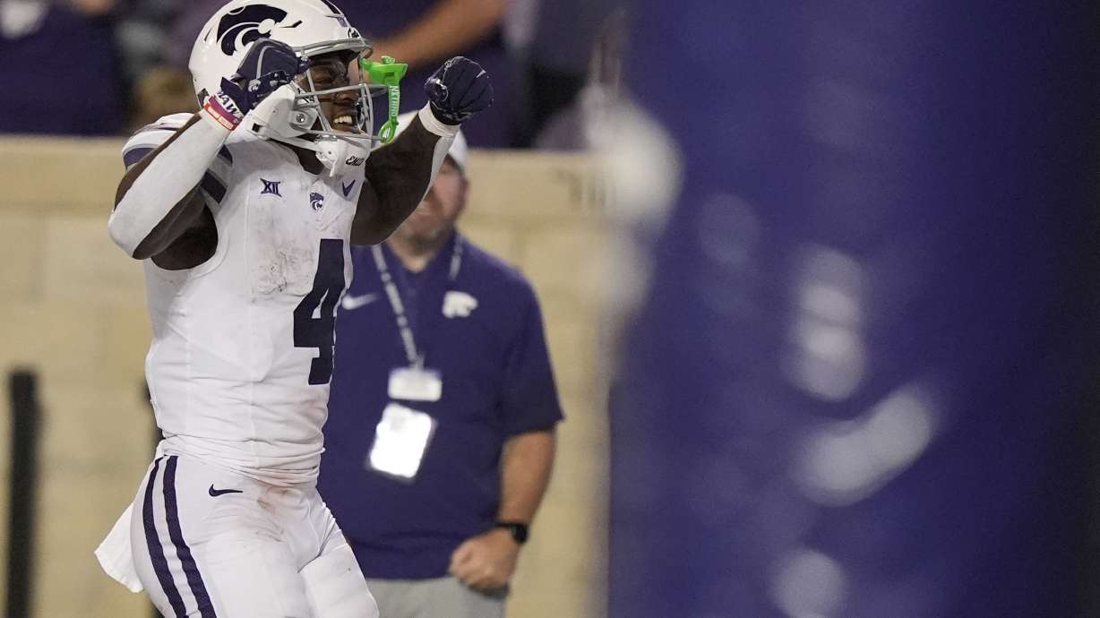 Kansas State running back Joe Jackson celebrates after scoring a touchdown during the second half of an NCAA college football game against North Dakota, Saturday, Aug. 30, 2025, in Manhattan, Kan.