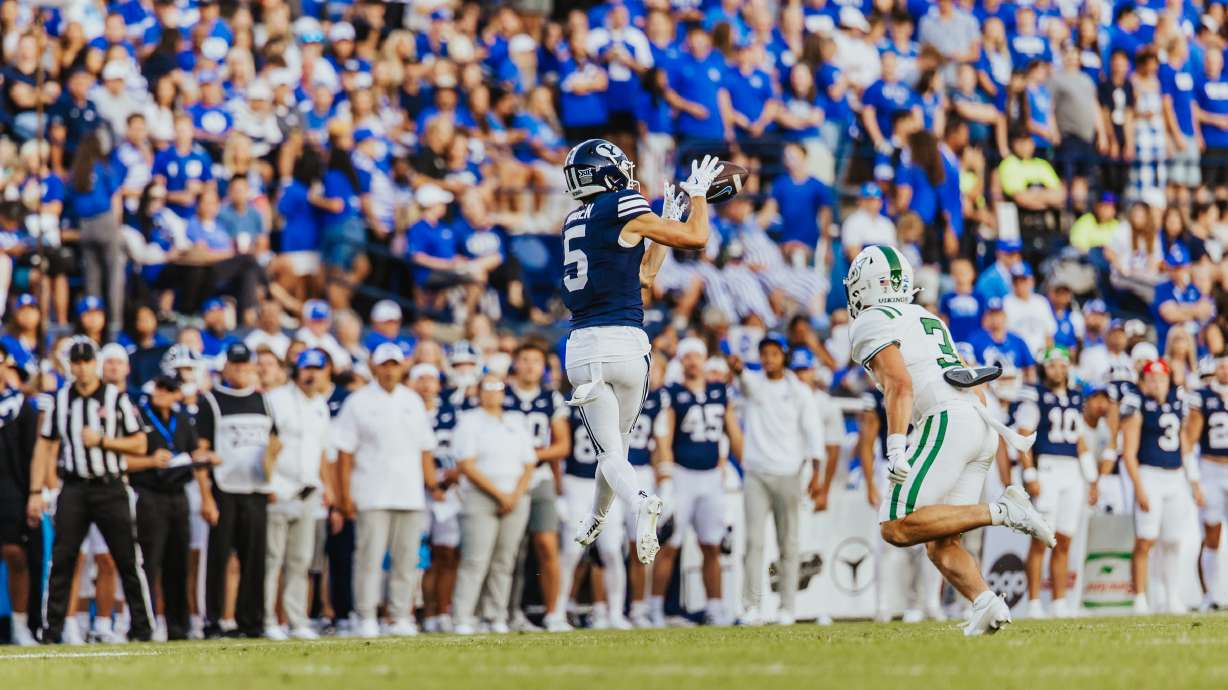 BYU's Cody Hagen catches a pass during the second half of an NCAA college football game, Saturday, Aug. 30, 2025 at LaVell Edwards Stadium in Provo, Utah. The Cougars won, 69-0.
