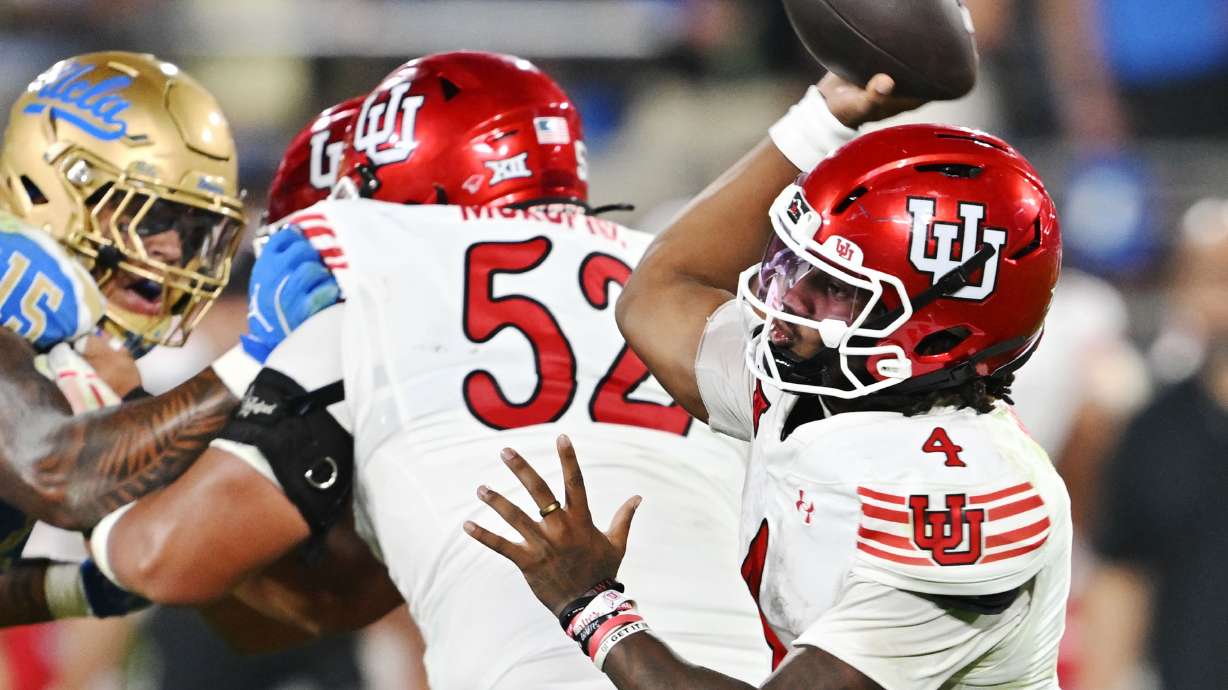 Utah Utes quarterback Devon Dampier (4) passes the ball as Utah and UCLA play at the Rose Bowl in Pasadena on Saturday, Aug. 30, 2025. Utah won 43-10.