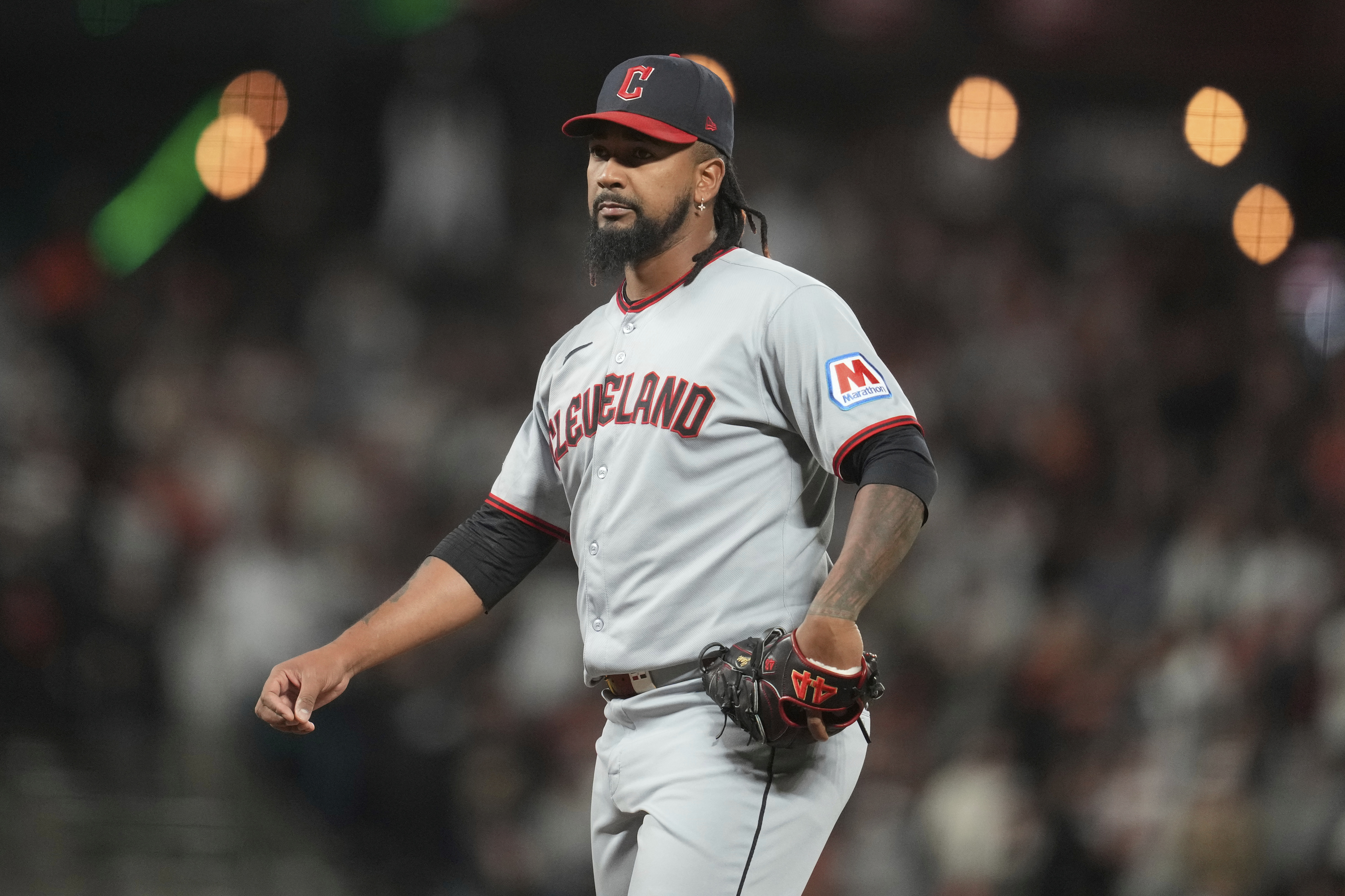FILE - Cleveland Guardians pitcher Emmanuel Clase during a baseball game against the San Francisco Giants in San Francisco, June 17, 2025.