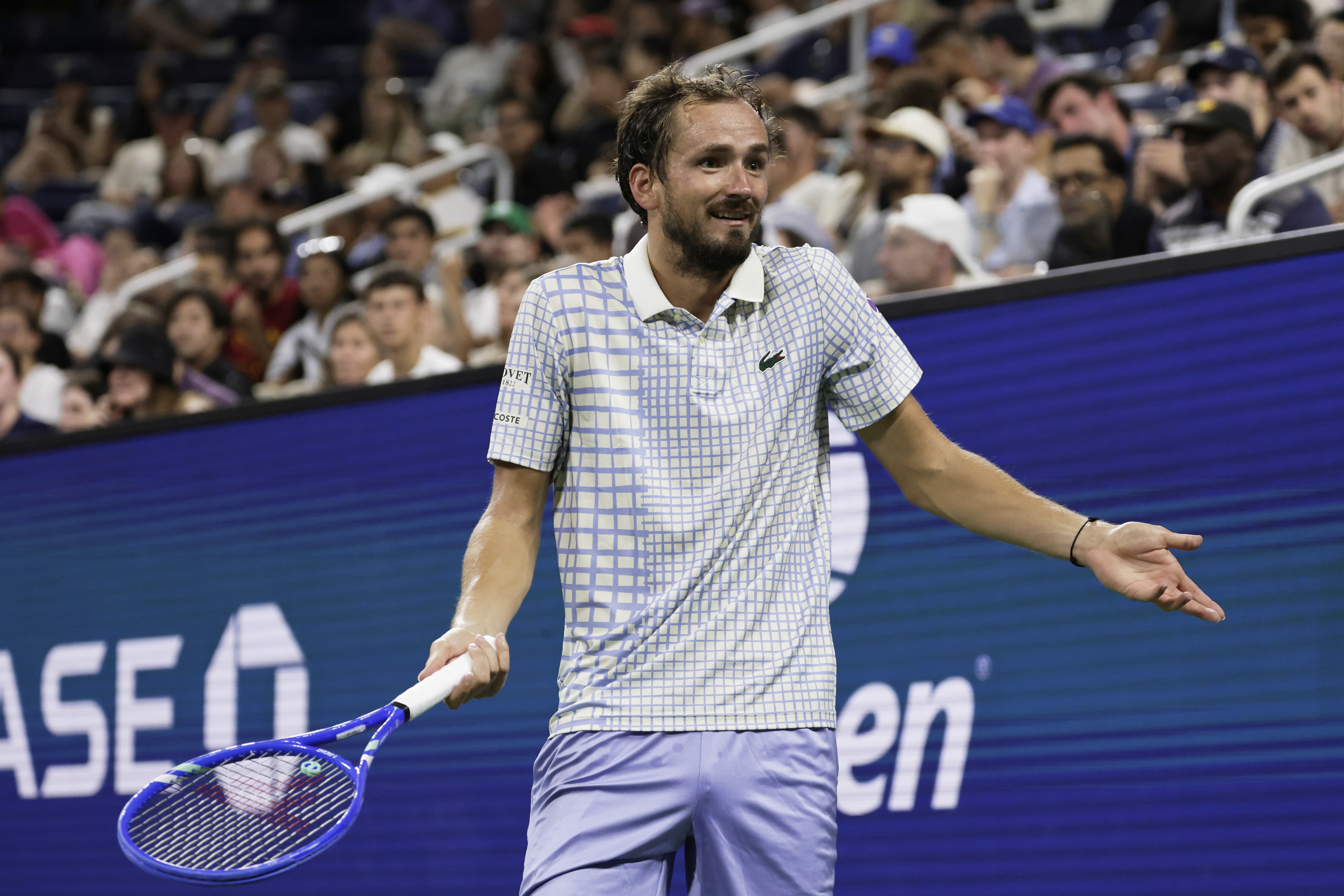 Daniil Medvedev, of Russia, reacts during a match against Benjamin Bonzi, of France, in the first-round of the U.S. Open tennis championships, Sunday, Aug. 24, 2025, in New York.