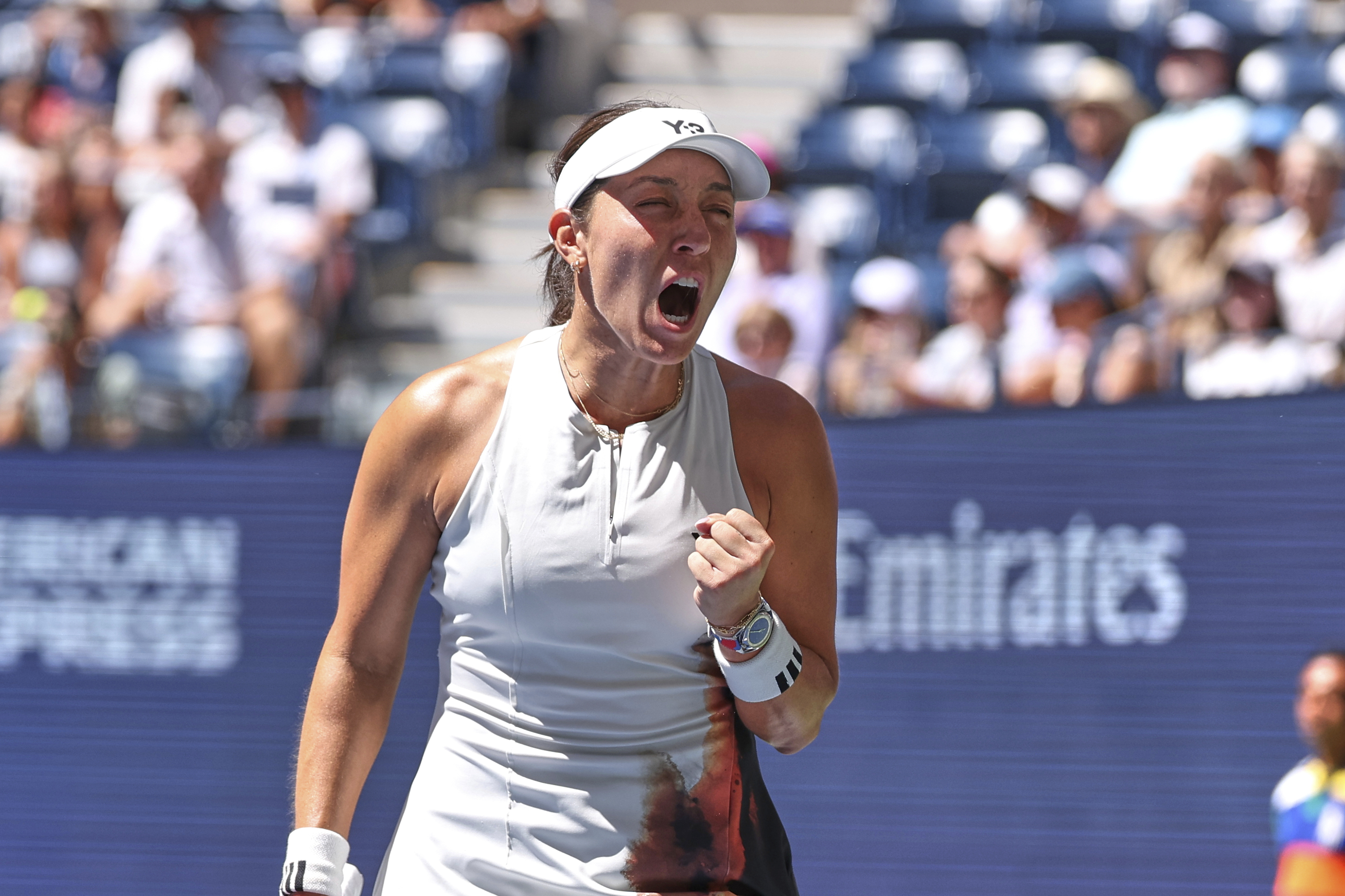 Jessica Pegula, of the United States, reacts after defeating Ann Li, of the United States, during the fourth round of the U.S. Open tennis championships, Sunday, Aug. 31, 2025, in New York. 