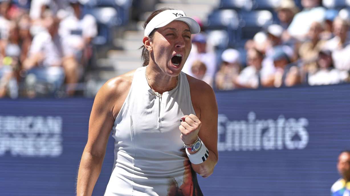 Jessica Pegula, of the United States, reacts after defeating Ann Li, of the United States, during the fourth round of the U.S. Open tennis championships, Sunday, Aug. 31, 2025, in New York.
