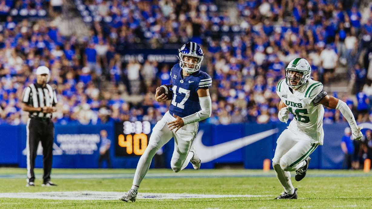 BYU quarterback Cole Hagen scrambles during the second half of the Cougars' 69-0 win over Portland State, Saturday, Aug. 31, 2025 at LaVell Edwards Stadium in Provo, Utah.