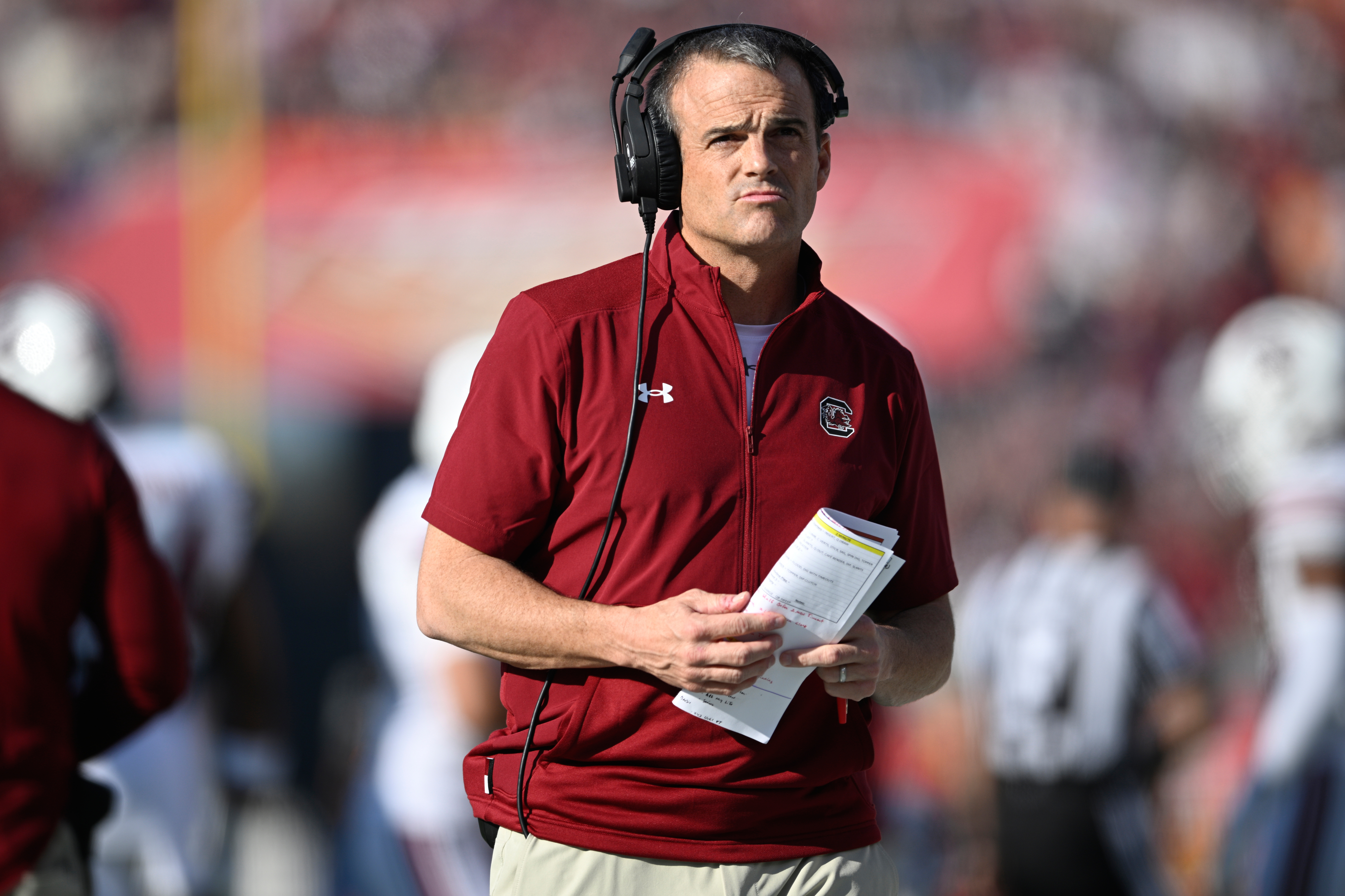 FILE - South Carolina head coach Shane Beamer looks on from the sideline during the first half of the Citrus Bowl NCAA college football game against Illinois, Tuesday, Dec. 31, 2024, in Orlando, Fla. 