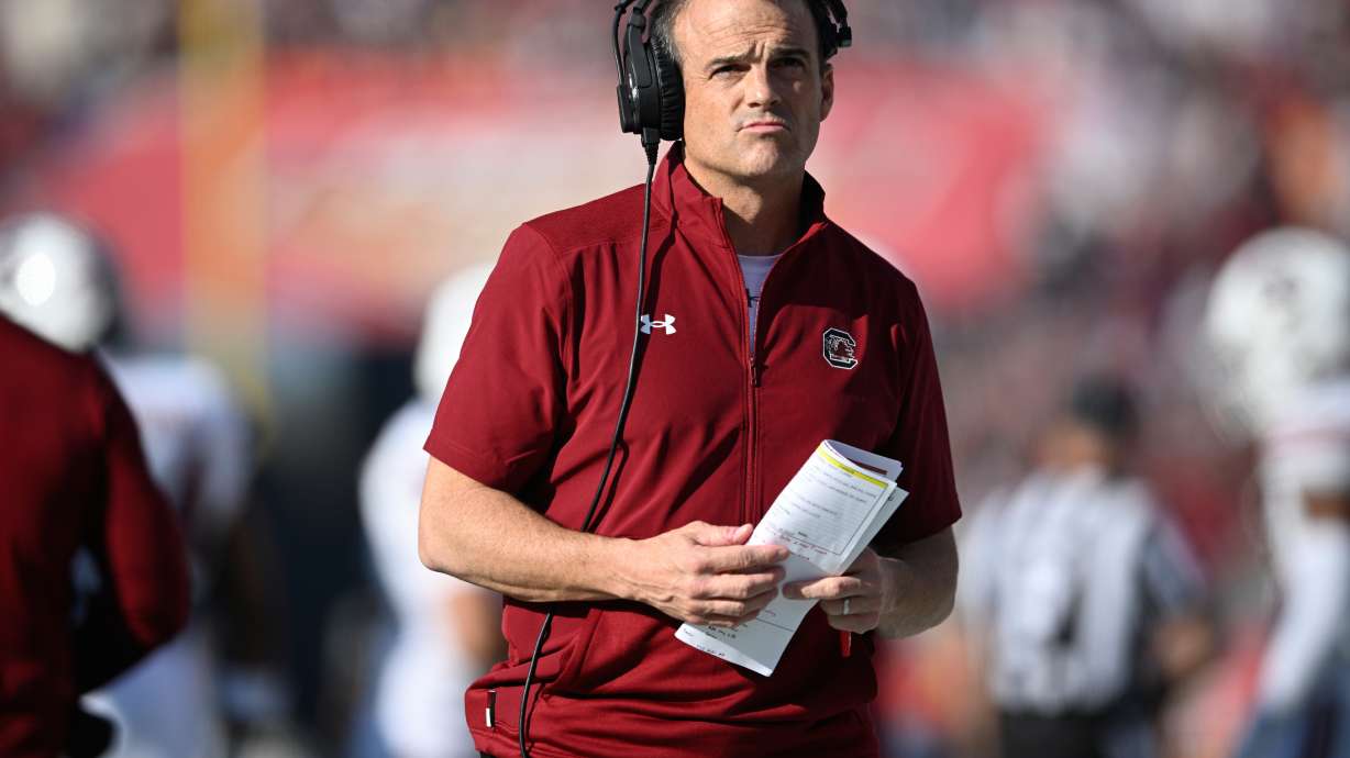 FILE - South Carolina head coach Shane Beamer looks on from the sideline during the first half of the Citrus Bowl NCAA college football game against Illinois, Tuesday, Dec. 31, 2024, in Orlando, Fla.