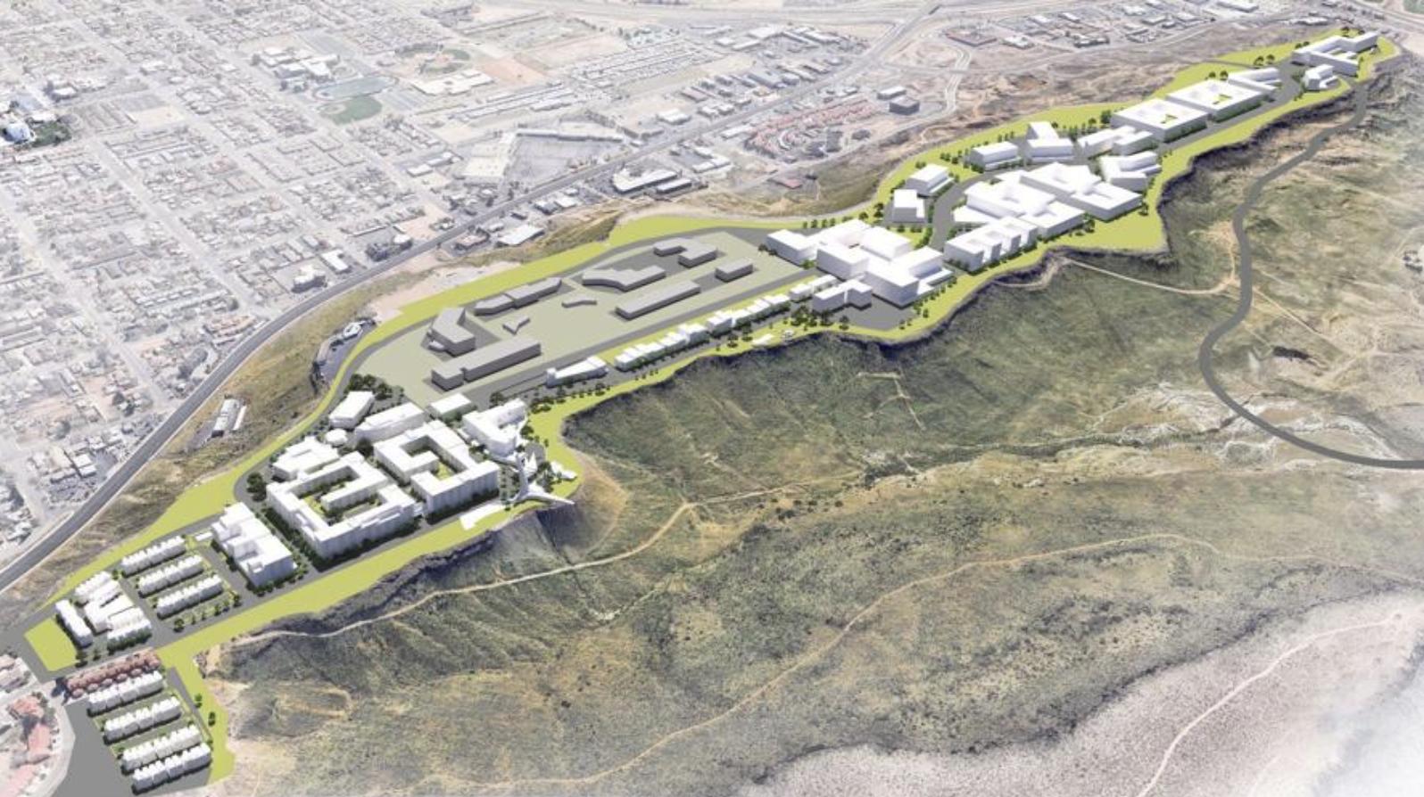 A aerial view rendering showing how a fully built-out Tech Ridge development may appear, St. George.