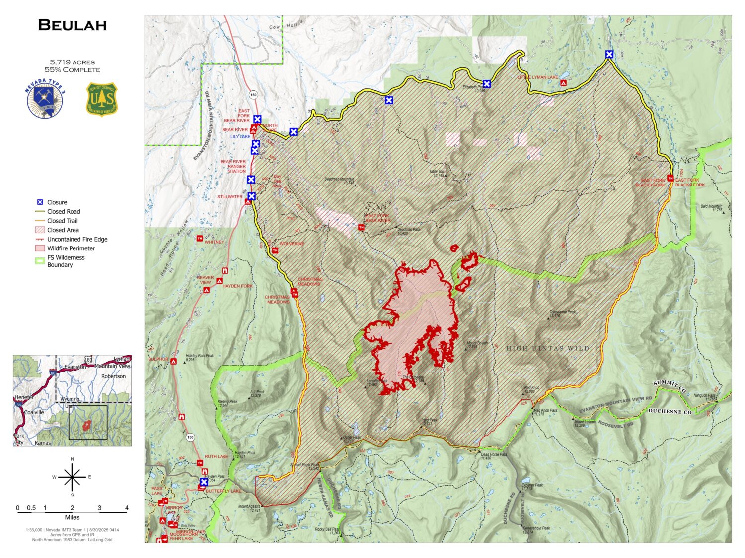 A map shows the location of closed areas due to the Beulah fire.