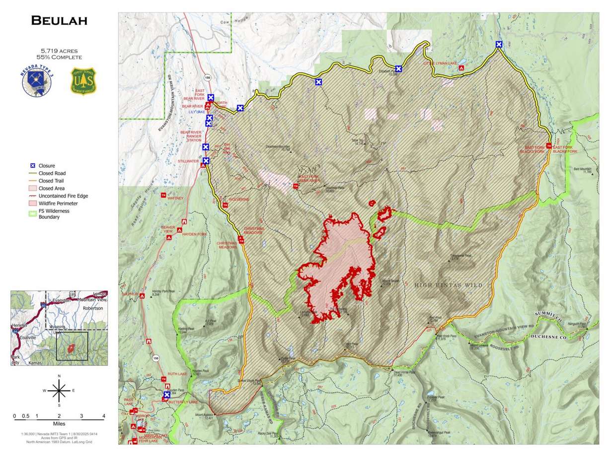 A map shows the location of closed areas due to the Beulah fire.