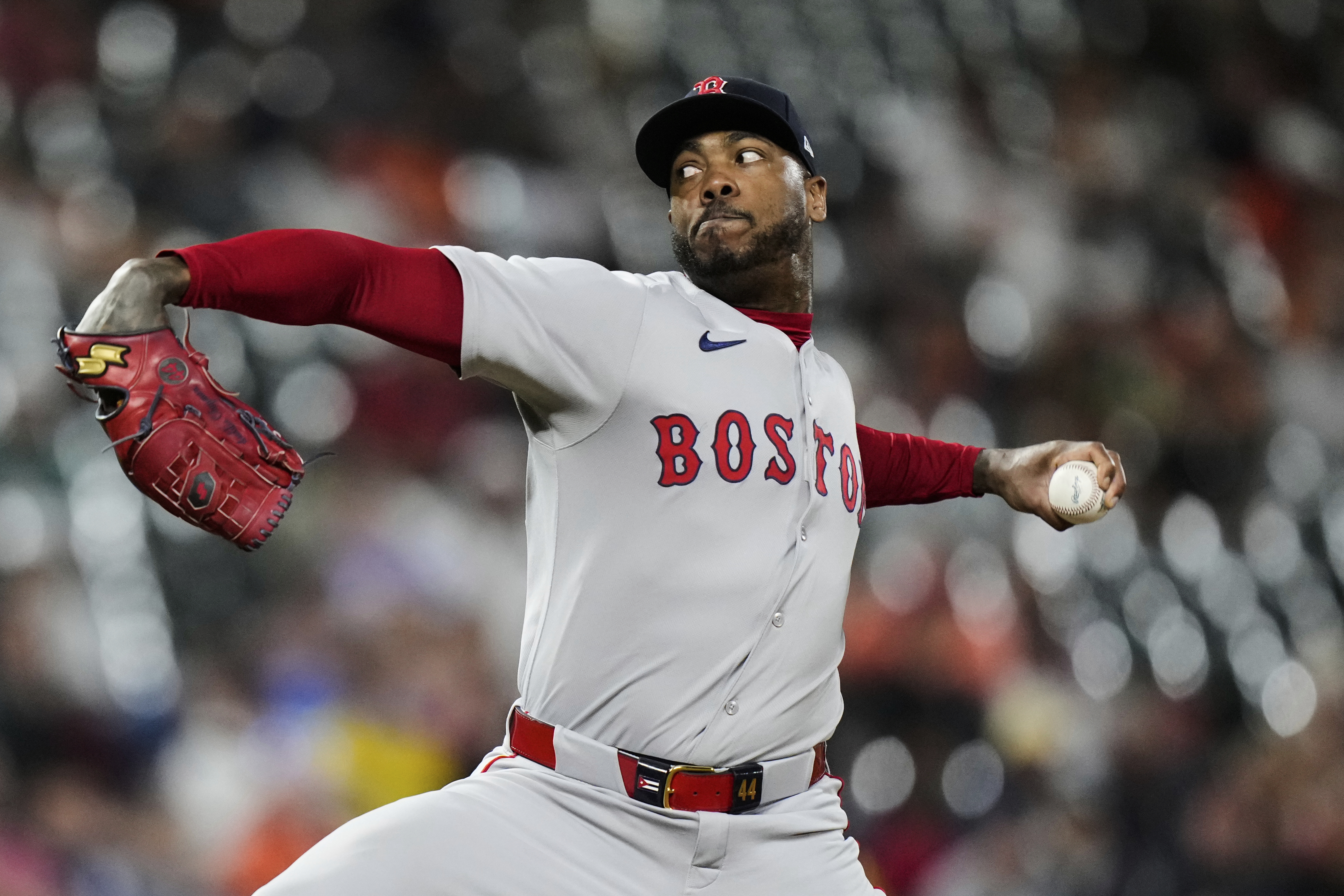 Boston Red Sox relief pitcher Aroldis Chapman delivers during the ninth inning of a baseball game against the Baltimore Orioles, Wednesday, Aug. 27, 2025, in Baltimore. 
