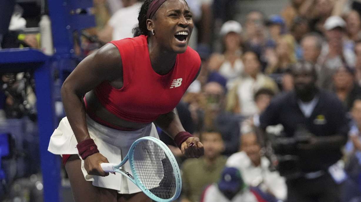 Coco Gauff, of the United States, reacts to defeating Donna Vekic, of Croatia, during the second round of the U.S. Open tennis championships, Thursday, Aug. 28, 2025, in New York.