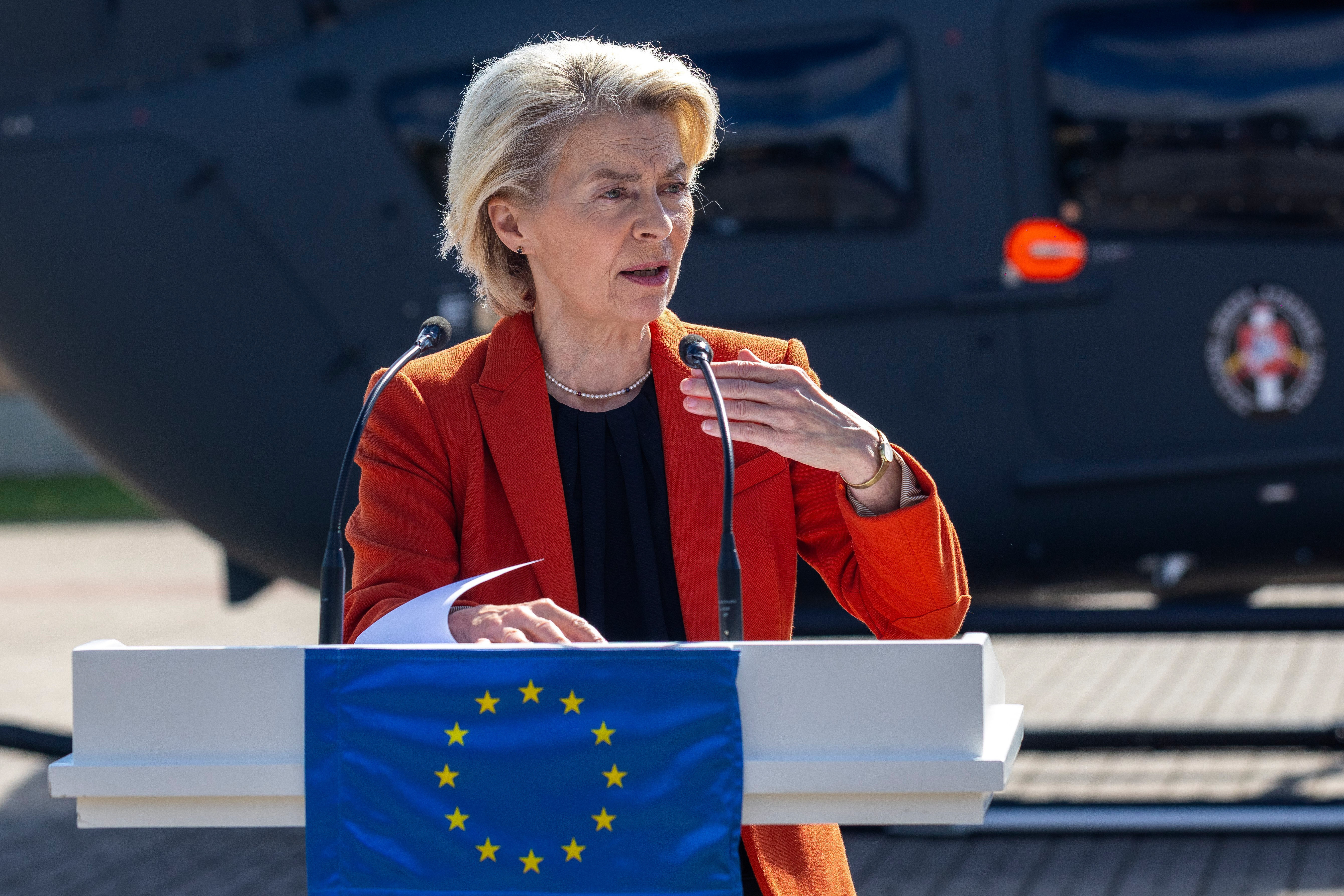 President of the European Commission Ursula von der Leyen speaks near the Lithuanian-Belarusian border on Monday. Her plane was hit by GPS jamming over Bulgaria in a suspected Russian operation.