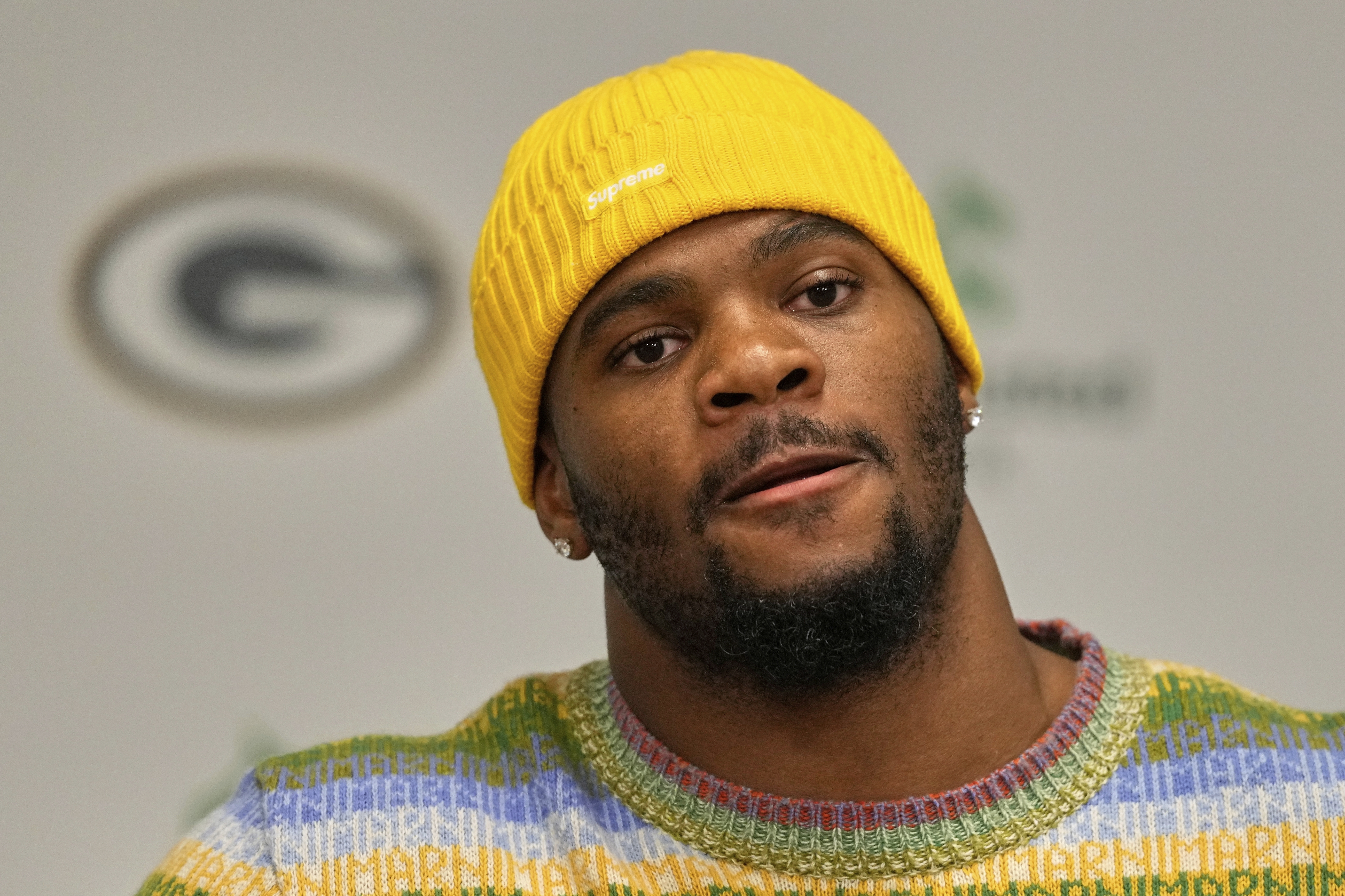 Green Bay Packers Micah Parsons speaks at his introductory news conference Friday, Aug. 29, 2025, in Green Bay, Wis. 