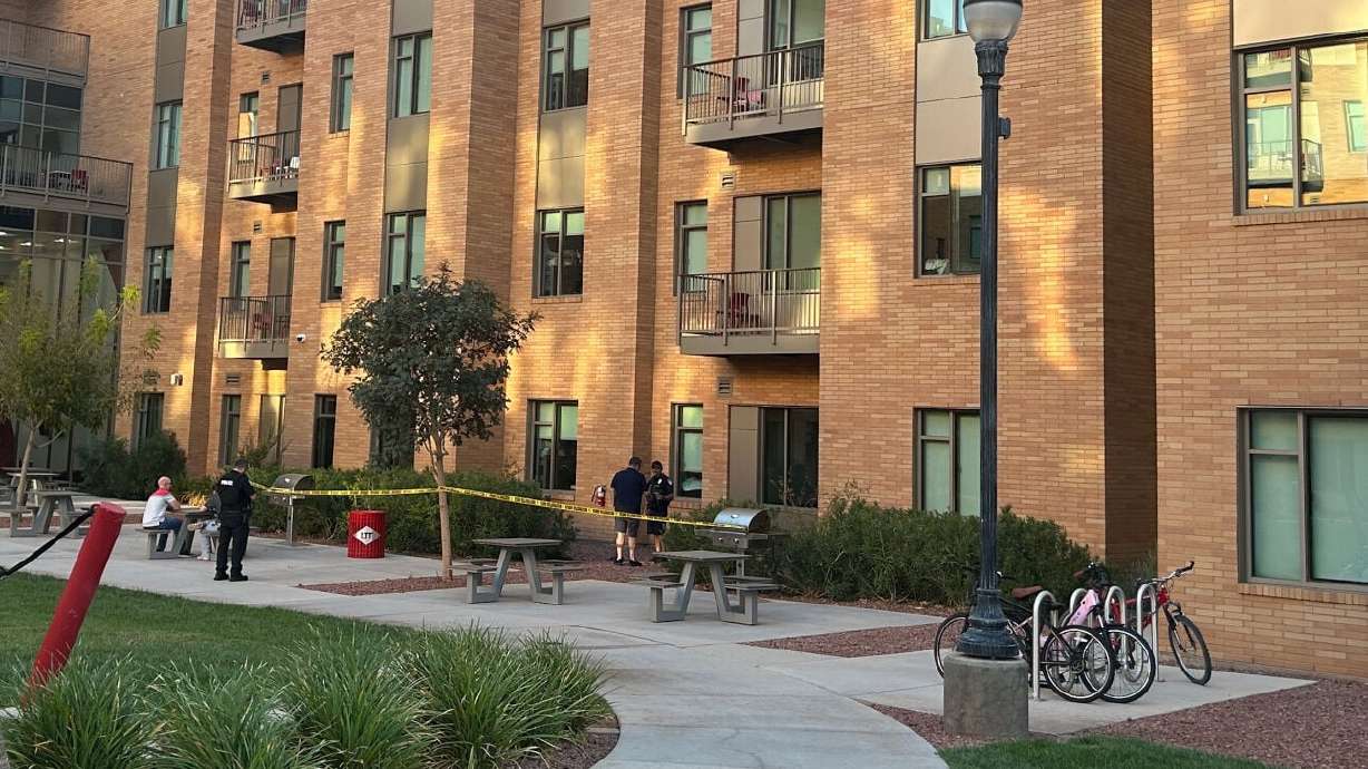 The scene of a fall at the Campus Suites student housing complex on the Utah Tech campus, on Sunday. A 22-year-old man reportedly died after falling over 70 feet from a balcony.