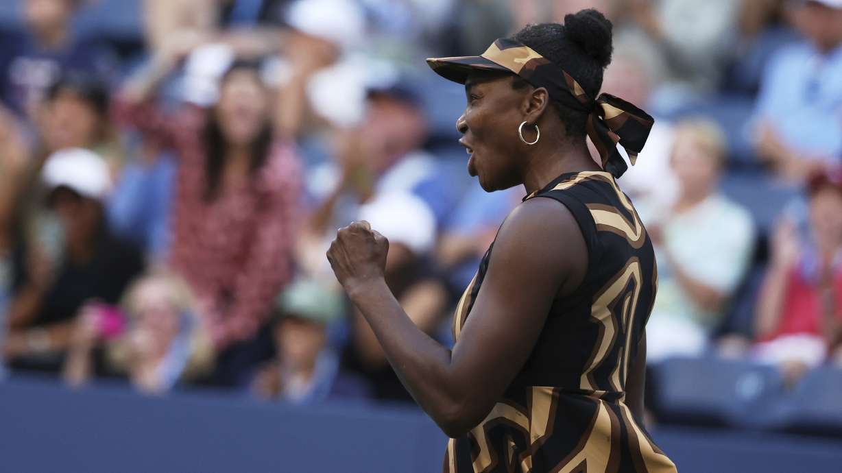 Venus Williams, of the United States, reacts with partner Leylah Fernandez, of Canada, during a third-round doubles match of the U.S. Open tennis championships, Monday, Sept. 1, 2025, in New York.