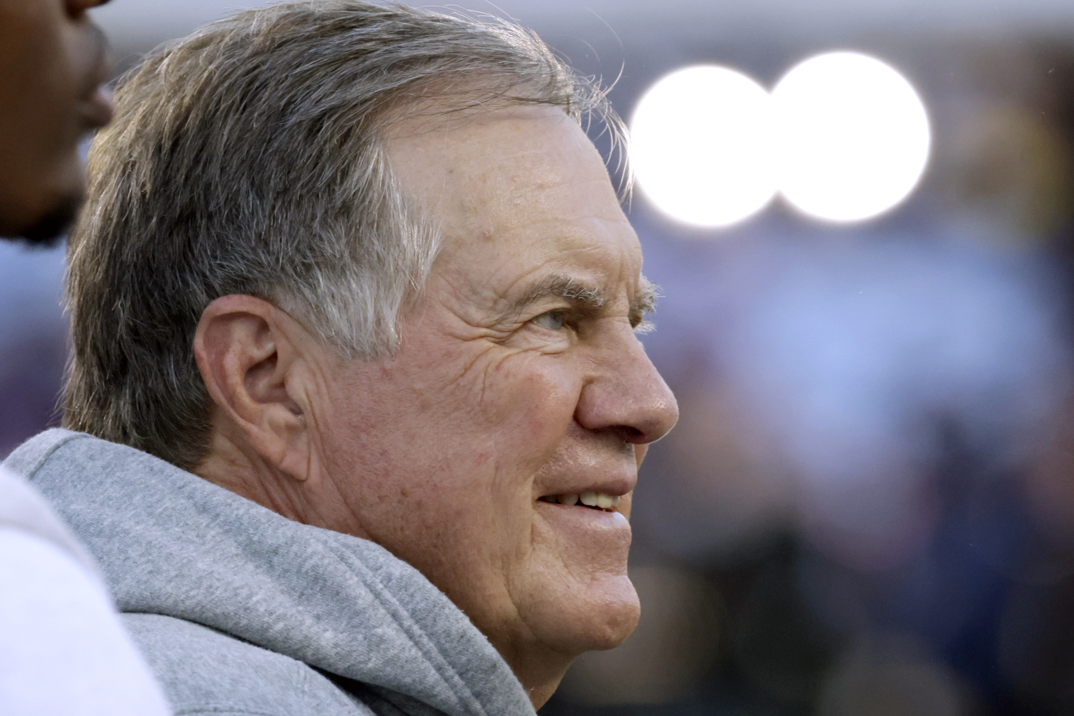 North Carolina head coach Bill Belichick watches as his team warms up before an NCAA college football game against TCU, Monday, Sept. 1, 2025, in Chapel Hill, N.C. 
