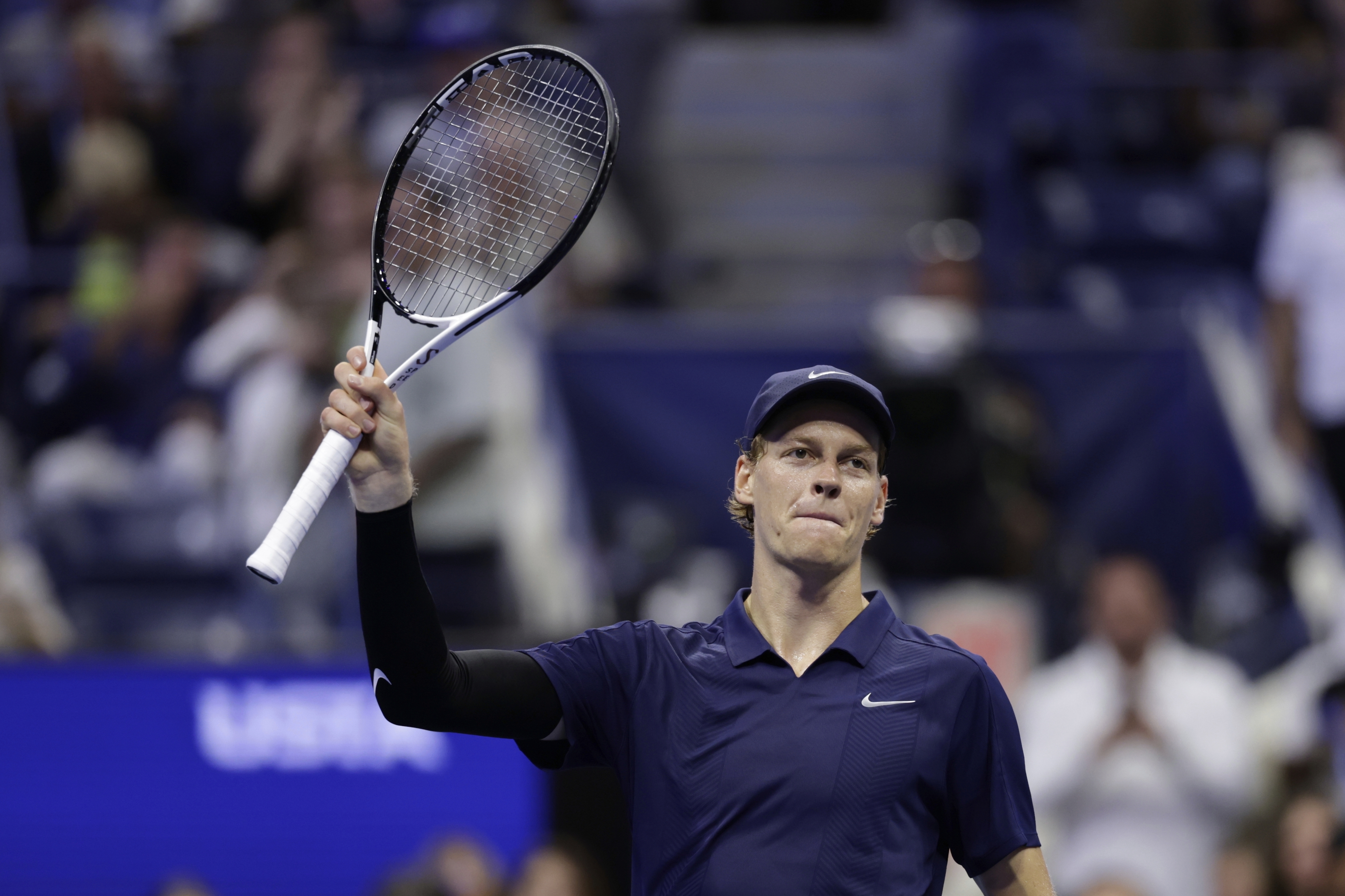 Jannik Sinner, of Italy, reacts after defeating Alexander Bublik, of Kazakhstan, during the fourth-round of the U.S. Open tennis championships, Monday, Sept. 1, 2025, in New York. 
