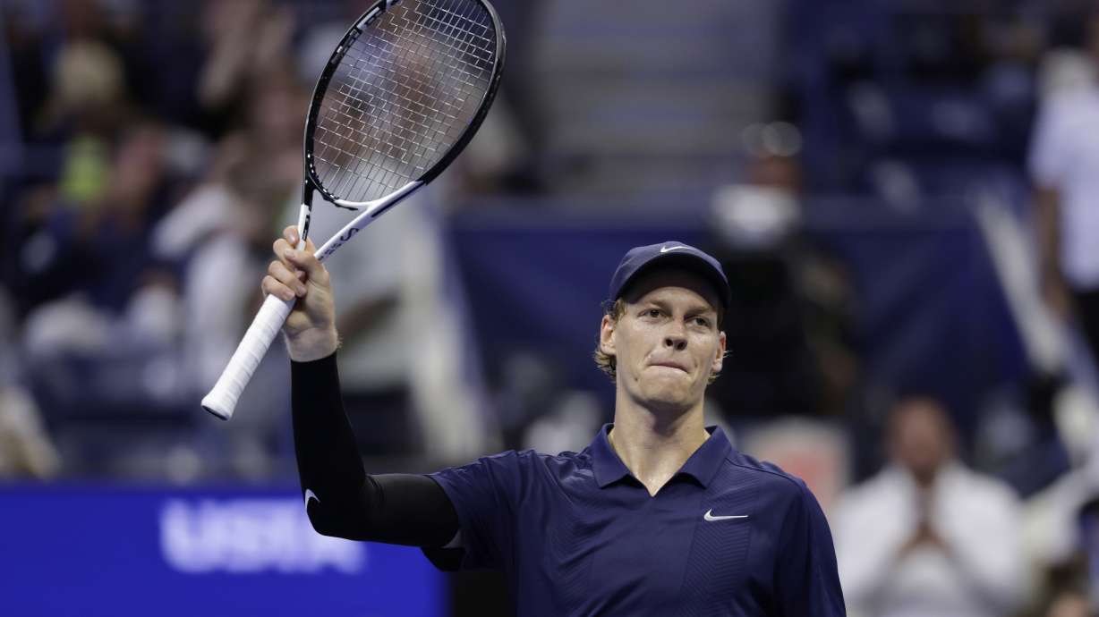 Jannik Sinner, of Italy, reacts after defeating Alexander Bublik, of Kazakhstan, during the fourth-round of the U.S. Open tennis championships, Monday, Sept. 1, 2025, in New York.
