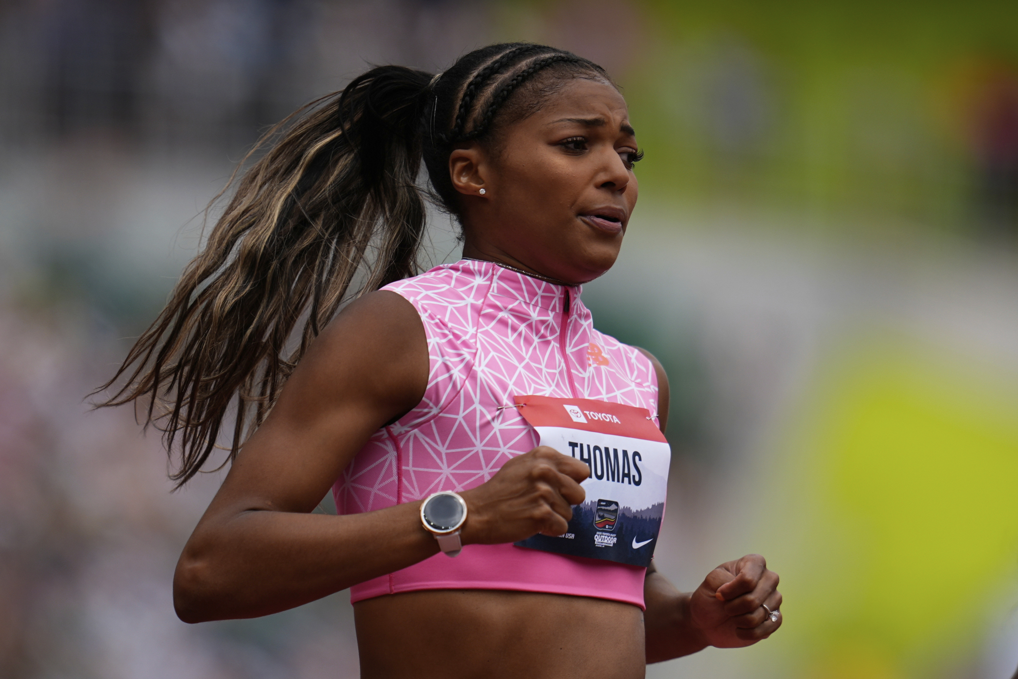 Gabby Thomas reacts after the third heat of the women's 200-meter semifinal at the U.S. Championships athletics meet in Eugene, Ore., Sunday, Aug. 3, 2025. 