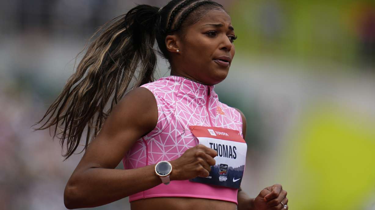 Gabby Thomas reacts after the third heat of the women's 200-meter semifinal at the U.S. Championships athletics meet in Eugene, Ore., Sunday, Aug. 3, 2025.