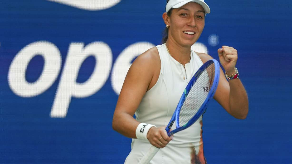 Jessica Pegula, of the United States, reacts after defeating Barbora Krejcikova, of the Czech Republic, during the quarterfinal round of the US Open tennis championships, Tuesday, Sept. 2, 2025, in New York.