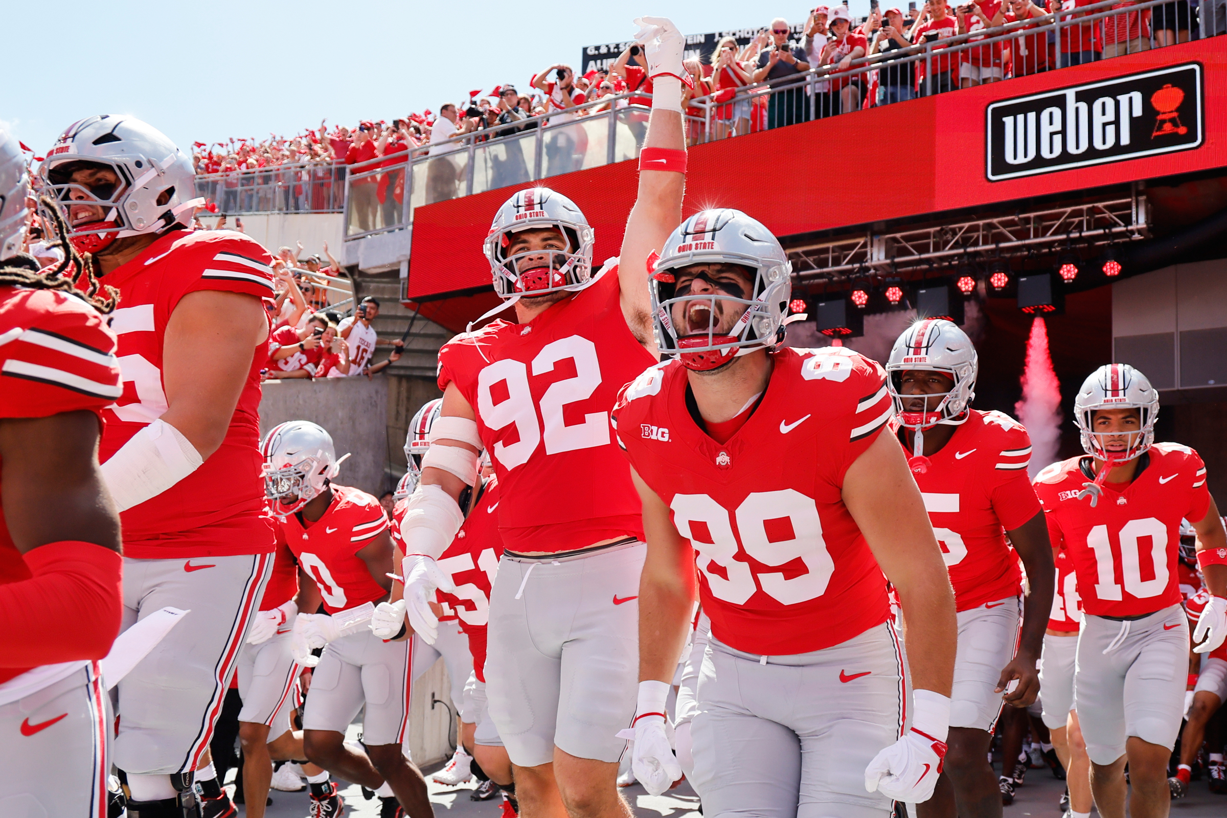 Ohio State players run on to the field for their NCAA college football game against Texas, Saturday, Aug. 30, 2025, in Columbus, Ohio. 