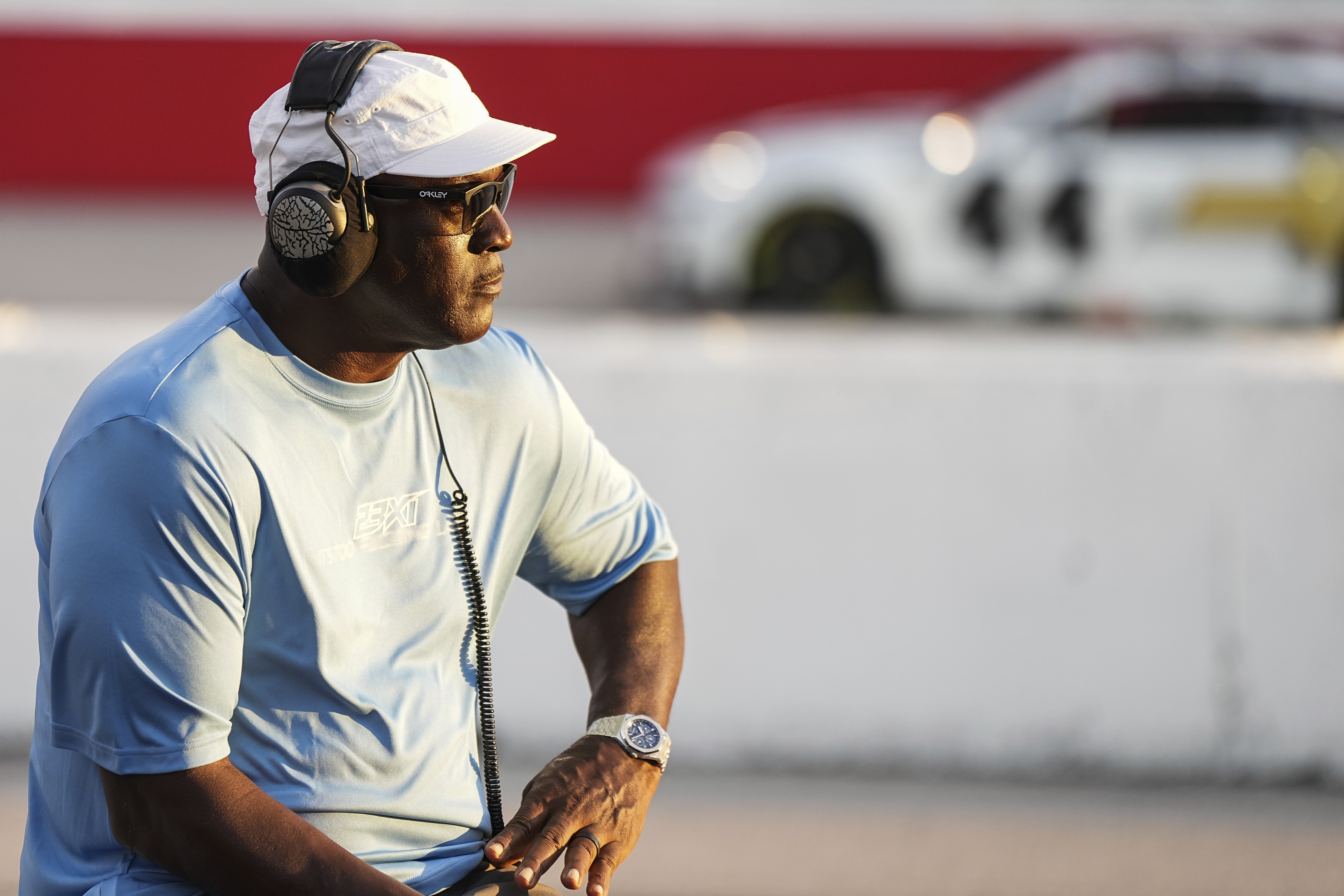 Team owner Michael Jordan looks on during a NASCAR Cup Series auto race at Darlington Raceway, Sunday, Aug. 31, 2025, in Darlington, S.C. 