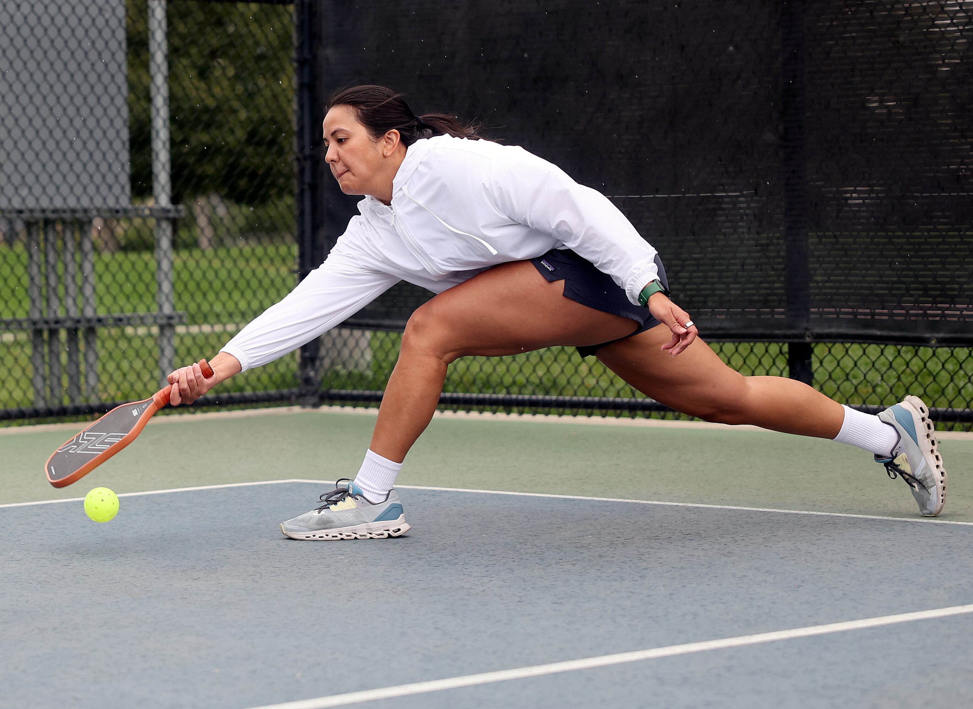 Maegan Tupinio plays pickleball at Fairmont Park in Salt Lake City on Aug. 26. A University of Utah health expert said repetitiveness makes pickleball unique.