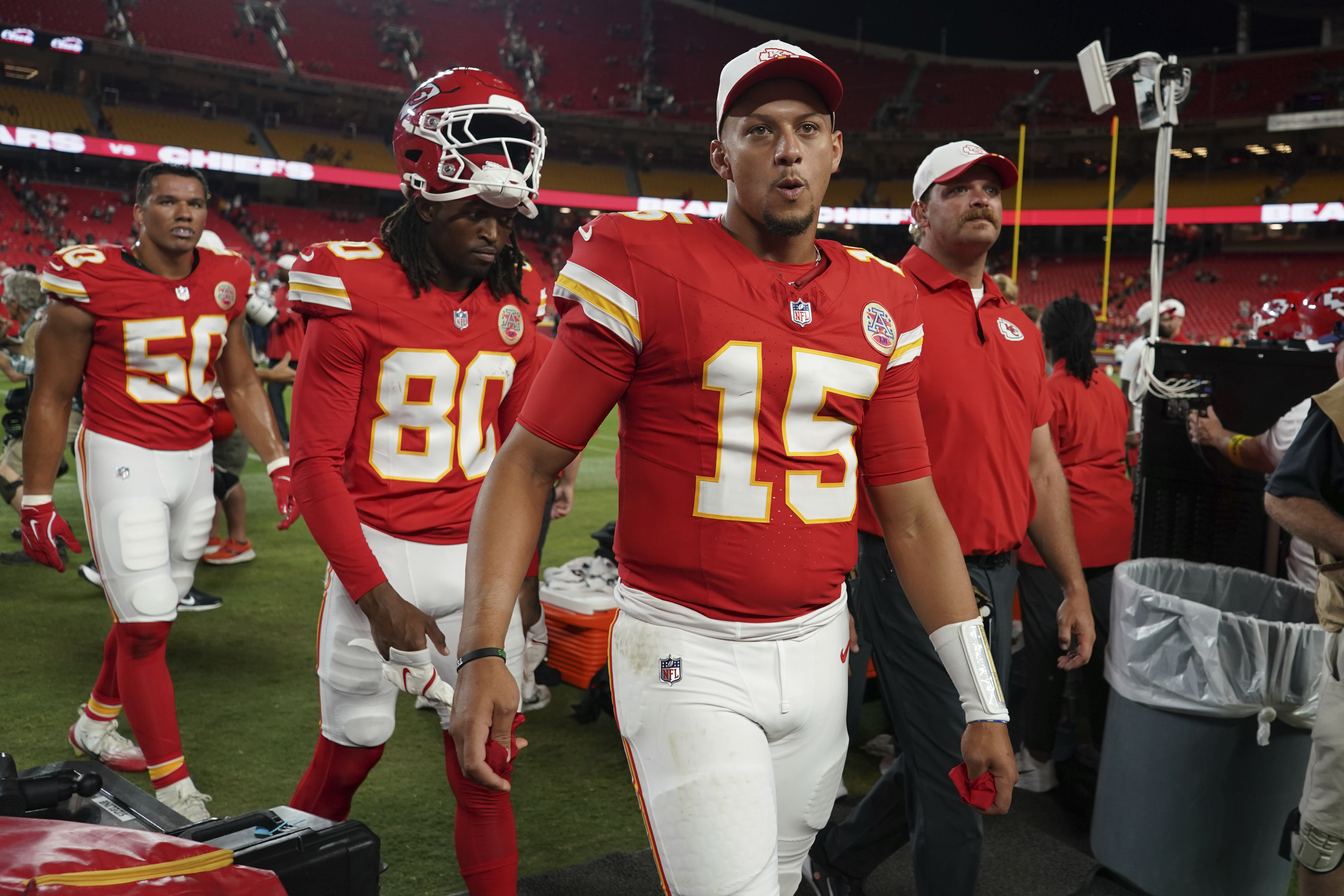 Kansas City Chiefs quarterback Patrick Mahomes heads off the field following a preseason NFL football game against the Chicago Bears Friday, Aug. 22, 2025, in Kansas City, Mo. 