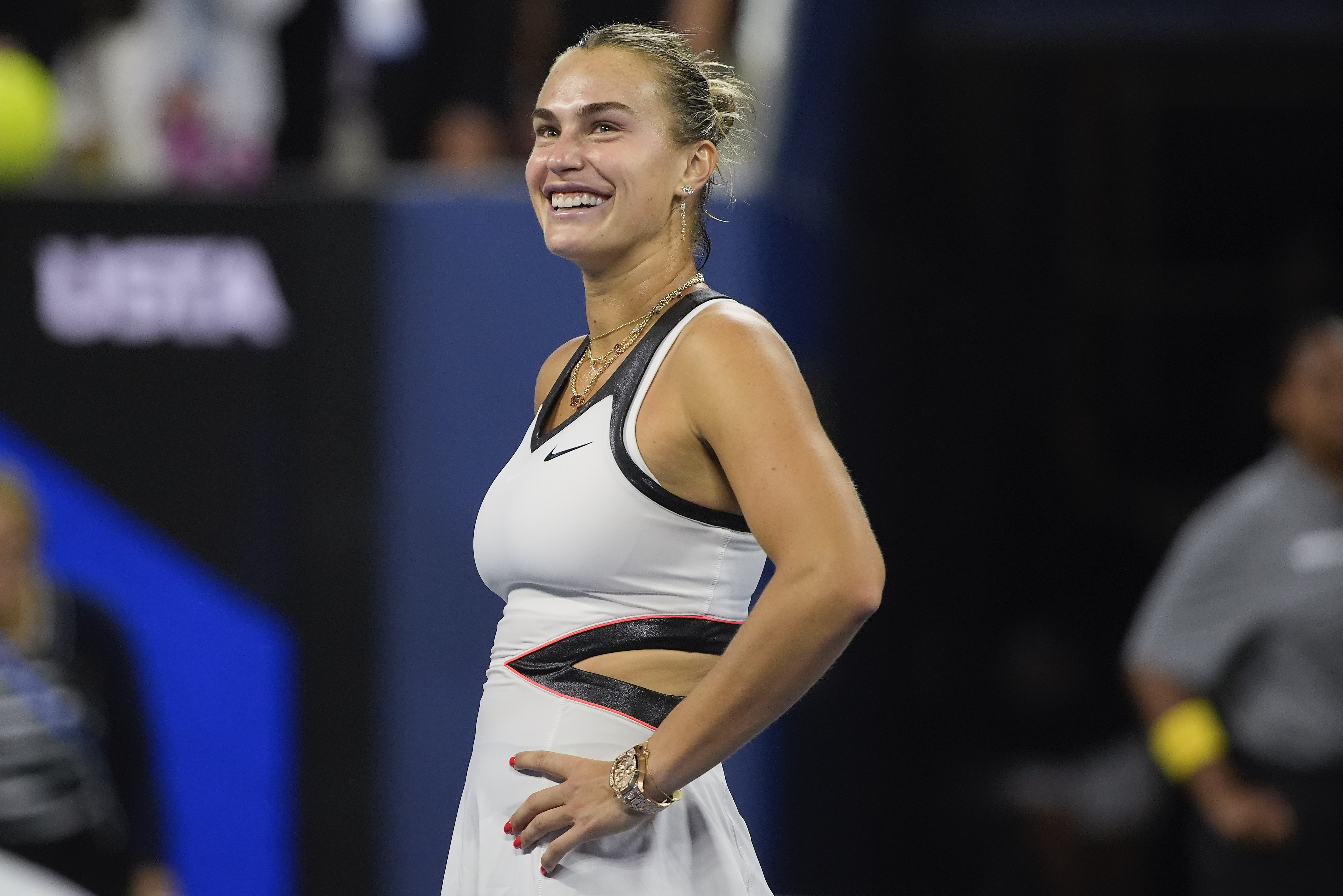 Aryna Sabalenka, of Belarus, reacts after defeating Cristina Bucsa, of Spain, during the fourth round of the US Open tennis championships, Sunday, Aug. 31, 2025, in New York. 