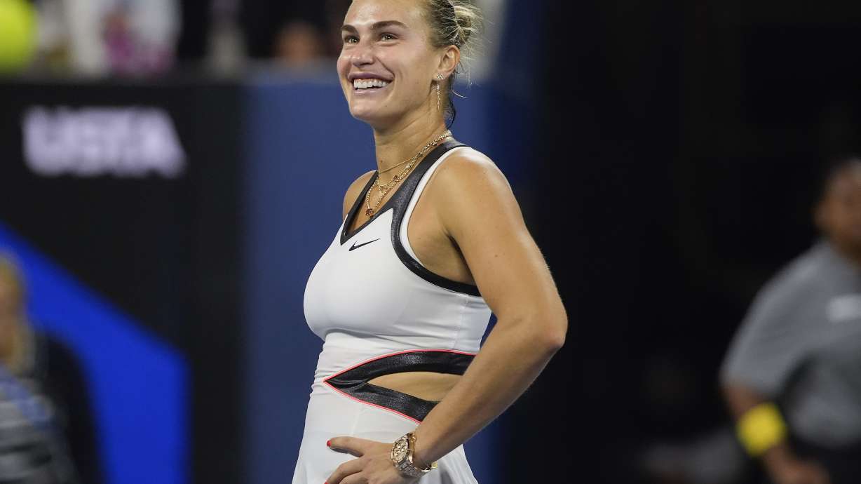 Aryna Sabalenka, of Belarus, reacts after defeating Cristina Bucsa, of Spain, during the fourth round of the US Open tennis championships, Sunday, Aug. 31, 2025, in New York.