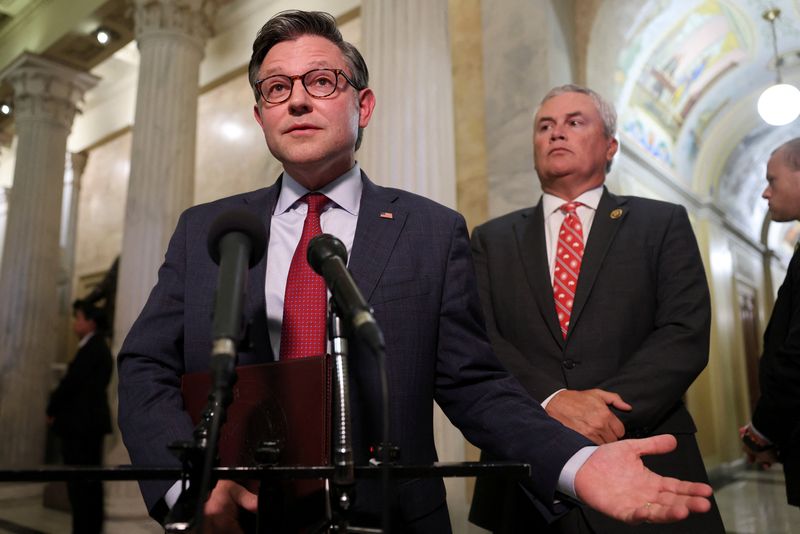 House Speaker Mike Johnson and House oversight committee chairman James Comer speak to reporters in Washington, Tuesday. A House committee said it released over 33,000 more pages of files on Jeffrey Epstein.