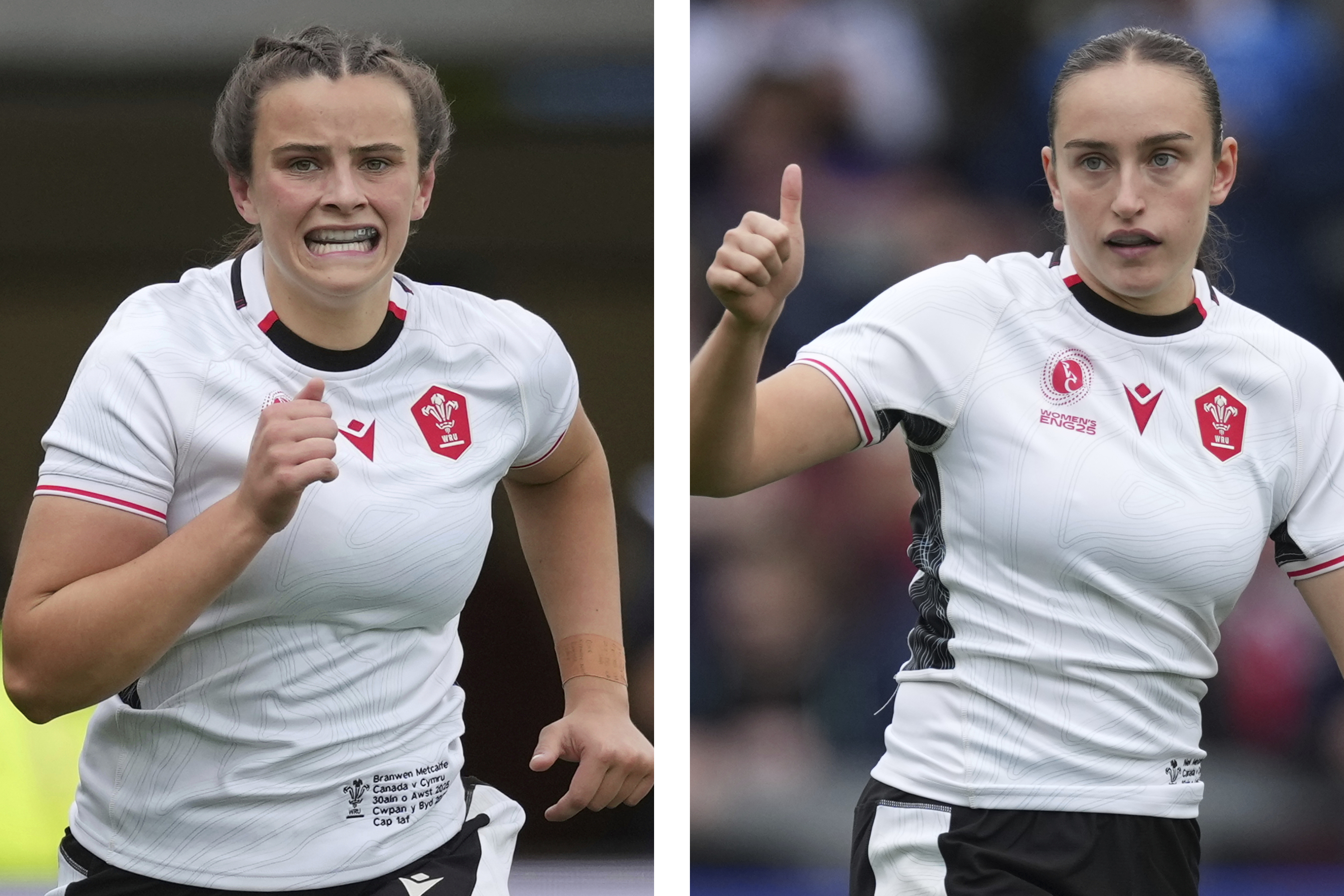This combo of image shows Wales' Branwen Metcalfe, left, and her sister Nel Metcalfe during a group B match at the 2025 Women's Rugby World Cup between Canada and Wales in Manchester, England, Saturday, Aug. 30, 2025