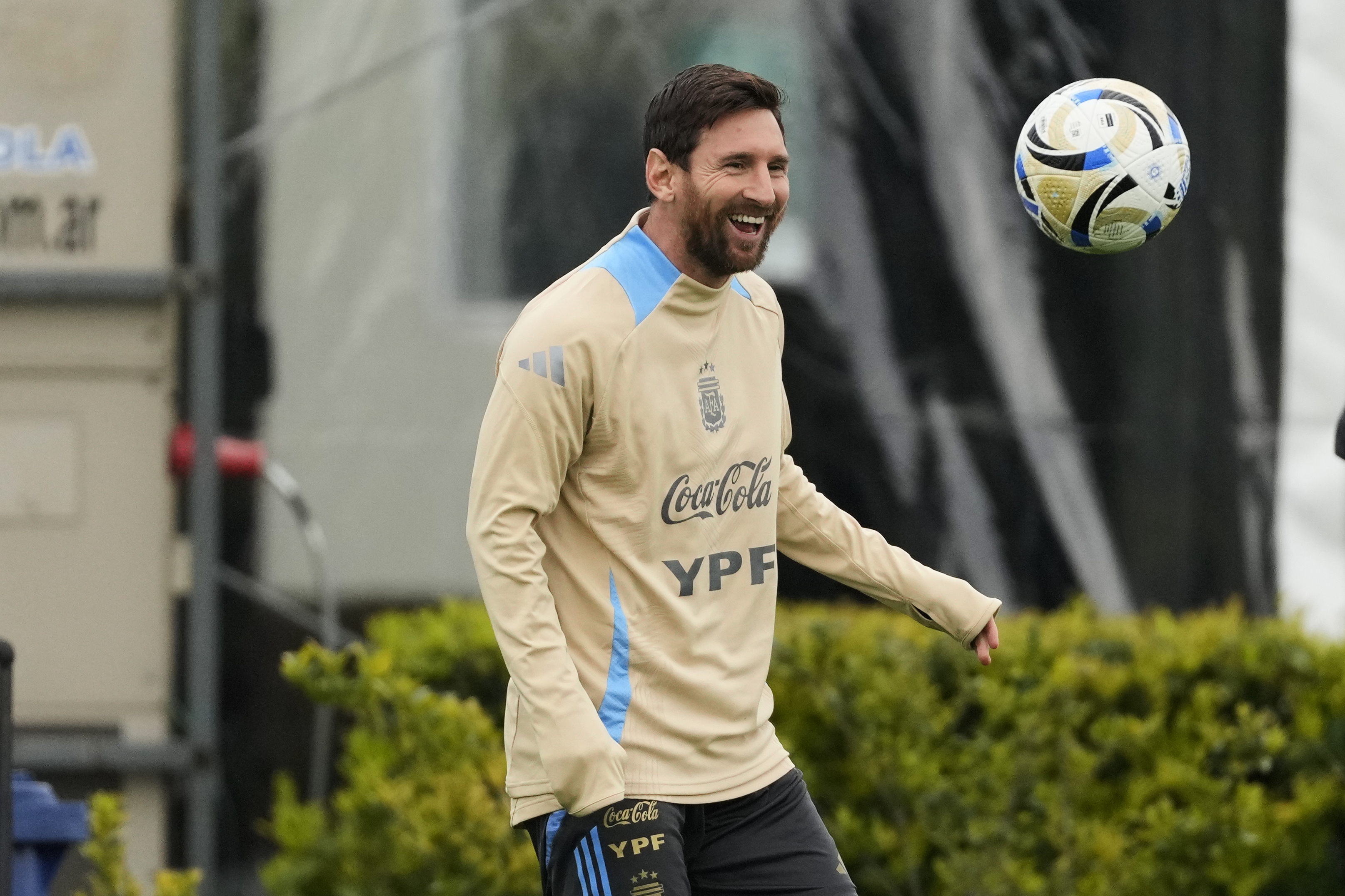 Argentina's Lionel Messi smiles during a training session ahead of a World Cup 2026 qualifying soccer match against Venezuela, at the Argentina Soccer Association in Buenos Aires, Argentina, Tuesday, Sept. 2, 2025. 