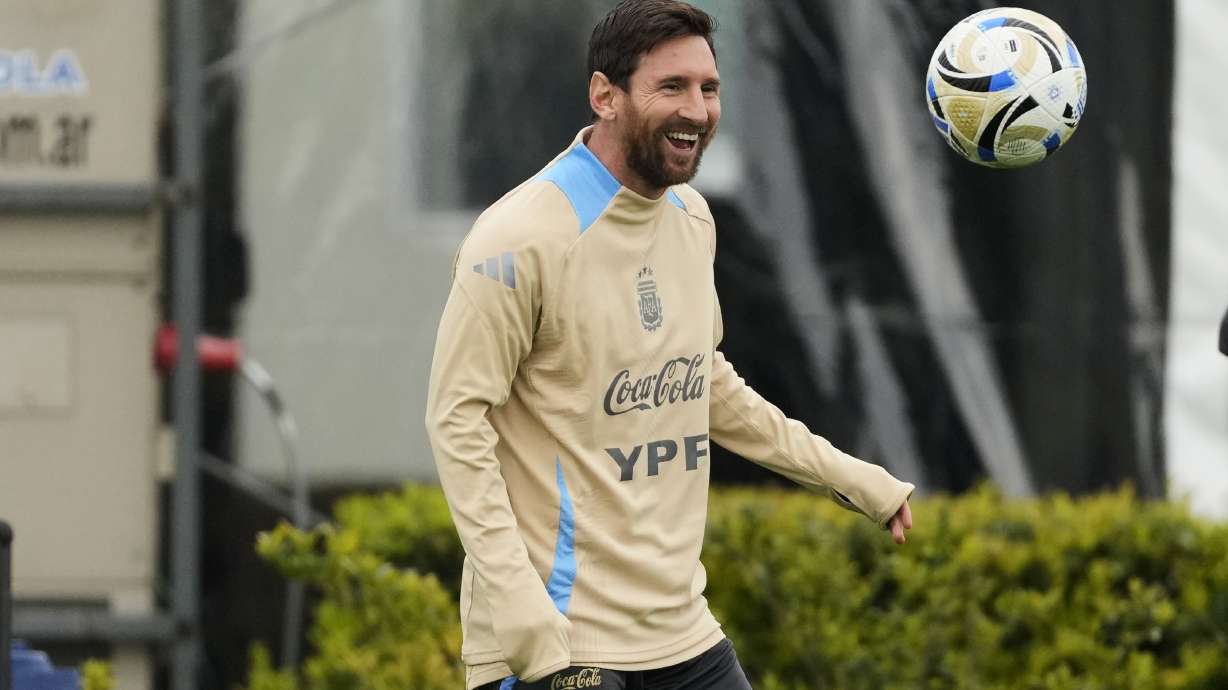 Argentina's Lionel Messi smiles during a training session ahead of a World Cup 2026 qualifying soccer match against Venezuela, at the Argentina Soccer Association in Buenos Aires, Argentina, Tuesday, Sept. 2, 2025.