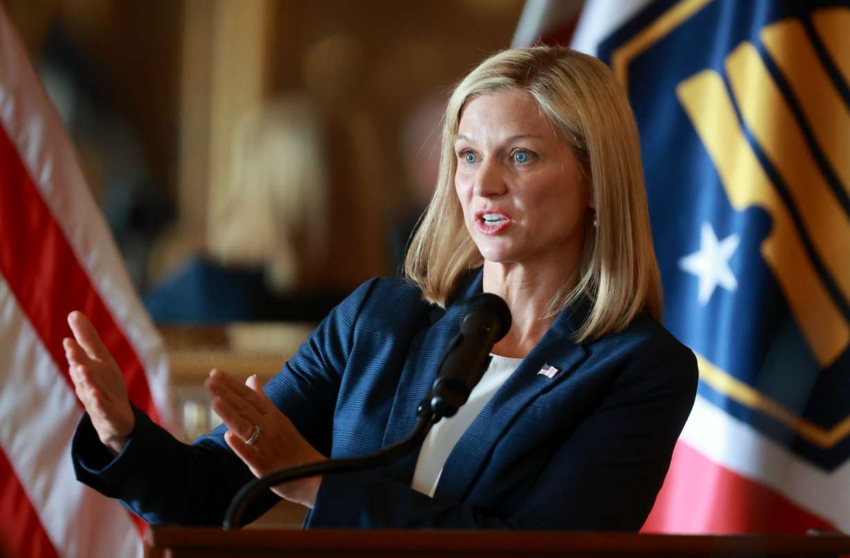 Melissa Holyoak, commissioner of the Federal Trade Commission, speaks during a press conference about the state of Utah and the Federal Trade Commission’s efforts to prevent child sexual abuse material and nonconsensual sexual content from being published on pornography websites at the Capitol in Salt Lake City on Wednesday.
