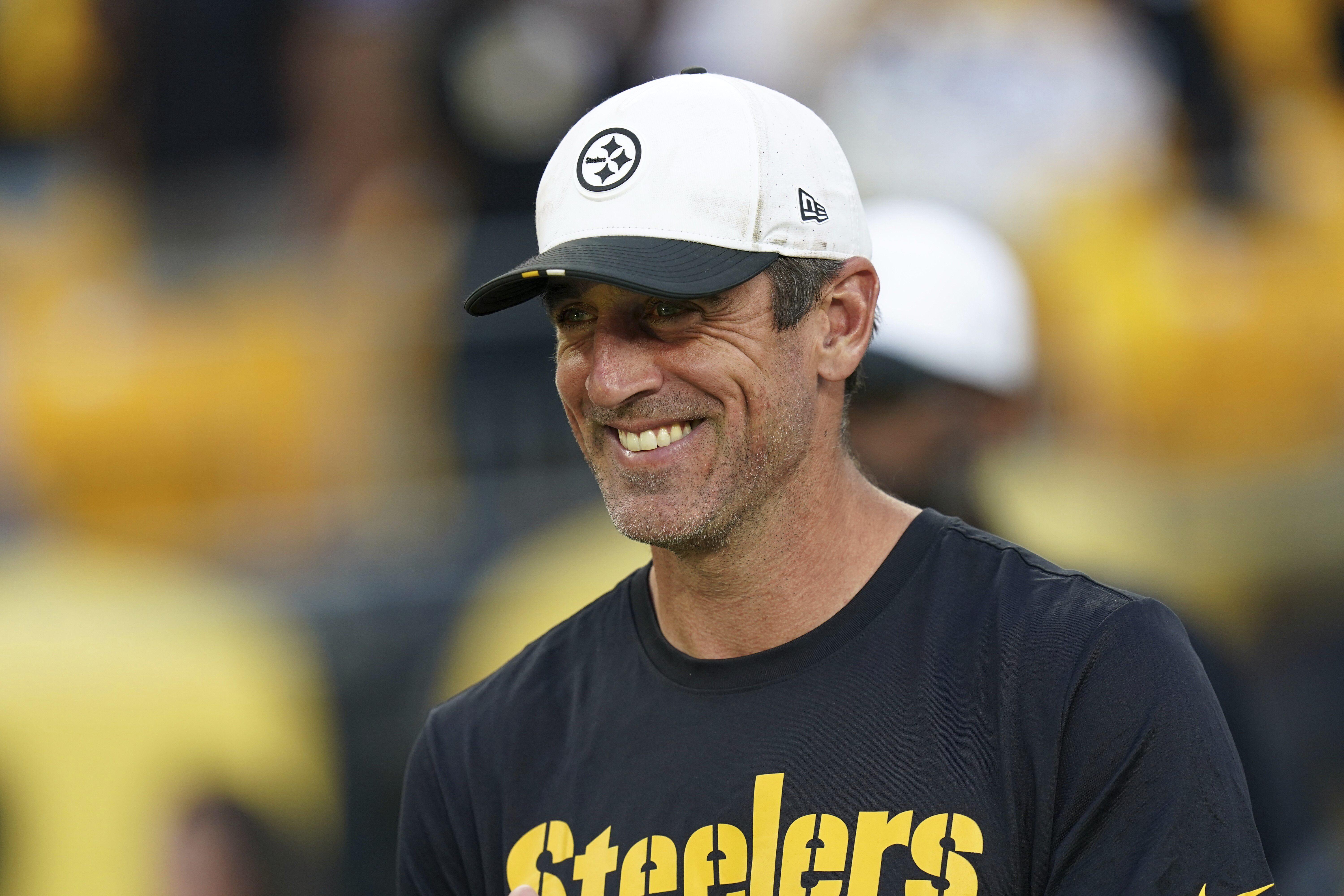 Pittsburgh Steelers quarterback Aaron Rodgers stands on the sidelines during the first half of an NFL football preseason game against the Tampa Bay Buccaneer,s Saturday, Aug. 16, 2025 in Pittsburgh.