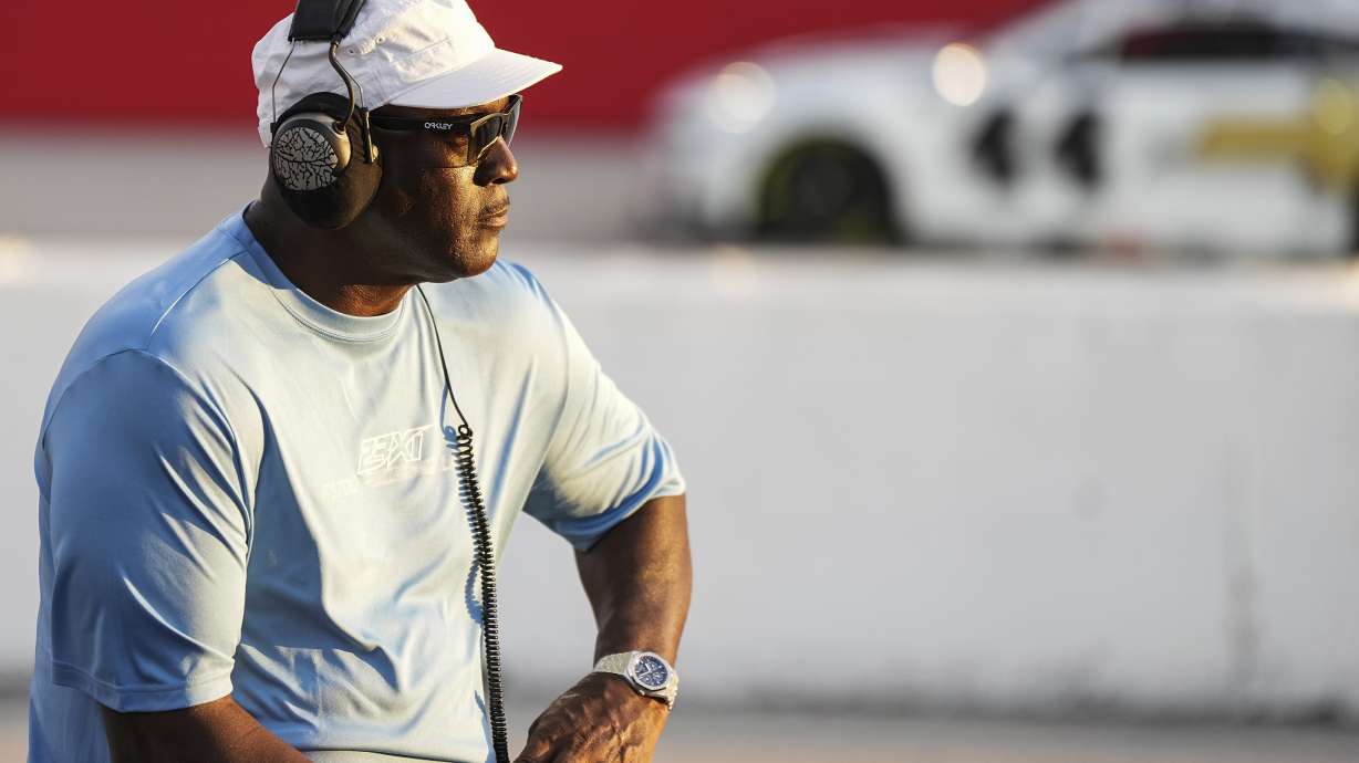 Team owner Michael Jordan looks on during a NASCAR Cup Series auto race at Darlington Raceway, Sunday, Aug. 31, 2025, in Darlington, S.C.