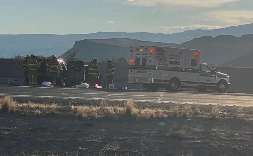 First responders work at the scene of a fatal crash in St. George, Sunday.
