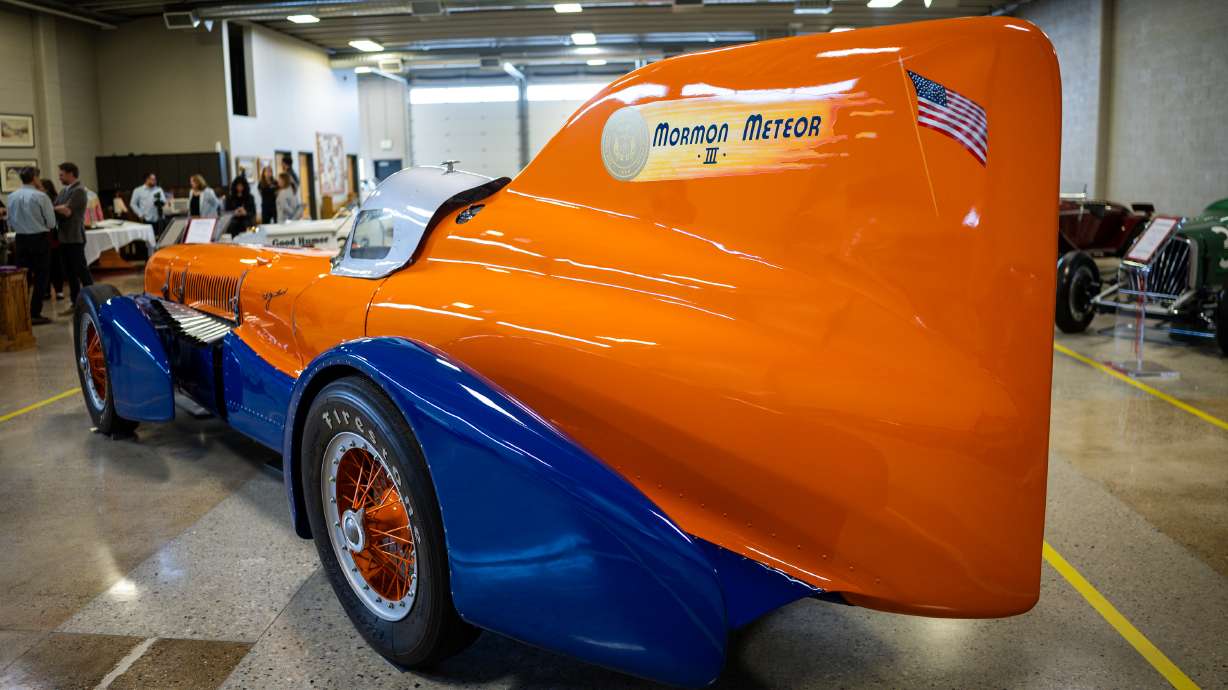 The Utah Historical Society announces its largest artifact for display in the Museum of Utah, the Mormon Meteor III land speed racer, at the Price Museum Of Speed in Salt Lake City on Wednesday.