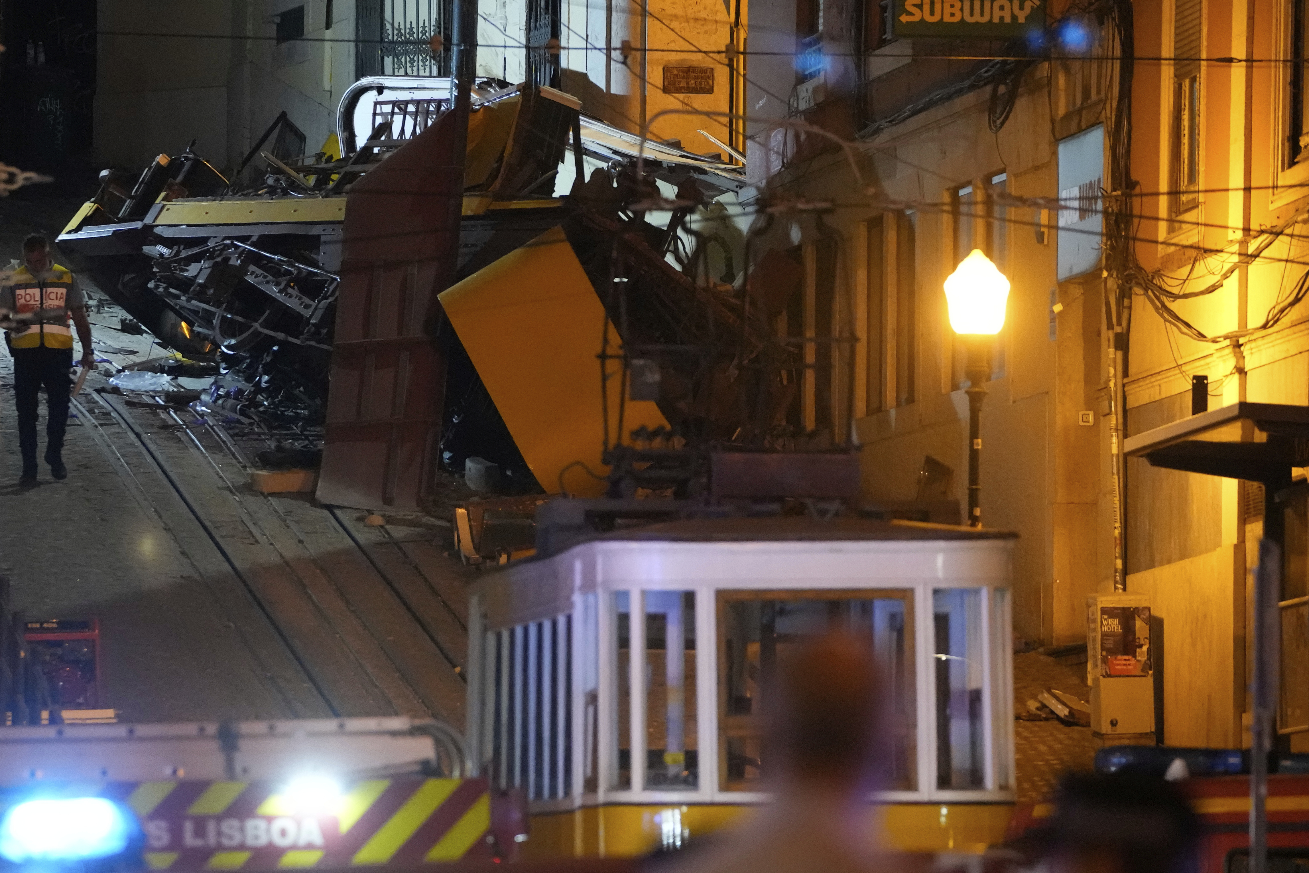 The site of the derailed "Elevador da Gloria" in Lisbon, Portugal, Wednesday. Fifteen people were killed and 18 others were injured in the accident, the worst in the city's recent history.