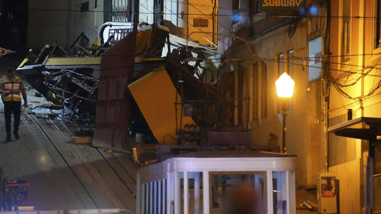 The site of the derailed "Elevador da Gloria" in Lisbon, Portugal, Wednesday. Fifteen people were killed and 18 others were injured in the accident, the worst in the city's recent history.