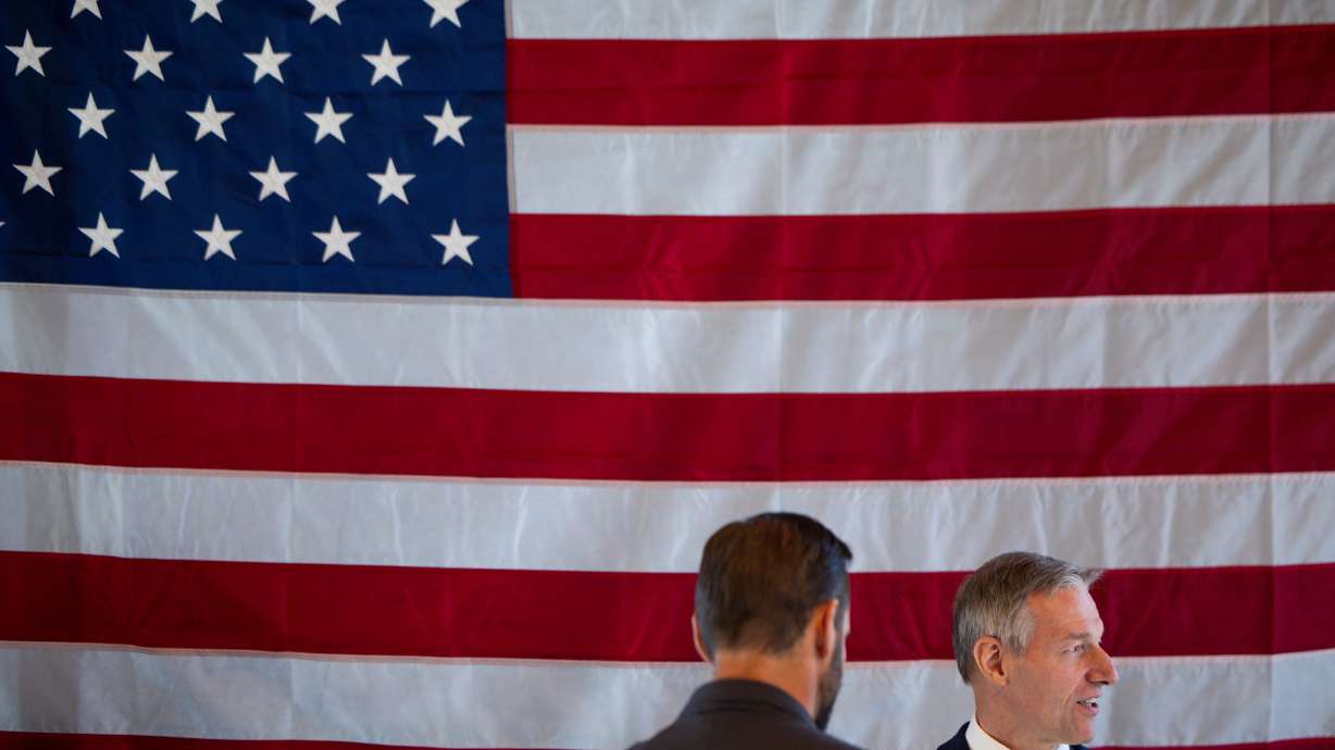 Rep. Mike Kennedy, R-Utah, right, speaks with Vector CEO Andy Yakulis during a tour of Vector's office in Draper on Aug. 19.