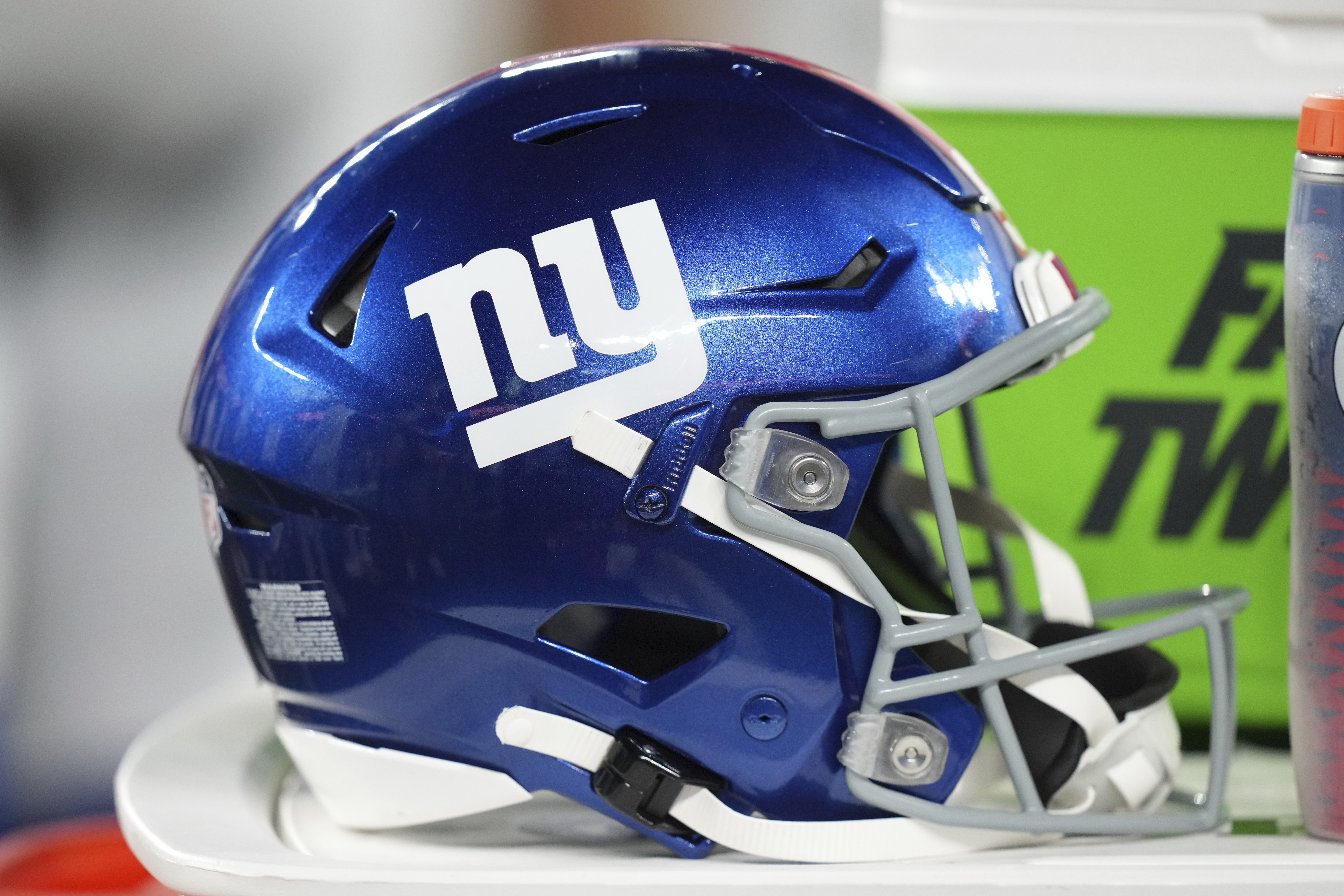 FILE - A New York Giants helmet sits on the sidelines during an NFL preseason football game against the New England Patriots, Aug. 21, 2025, in East Rutherford, NJ. 