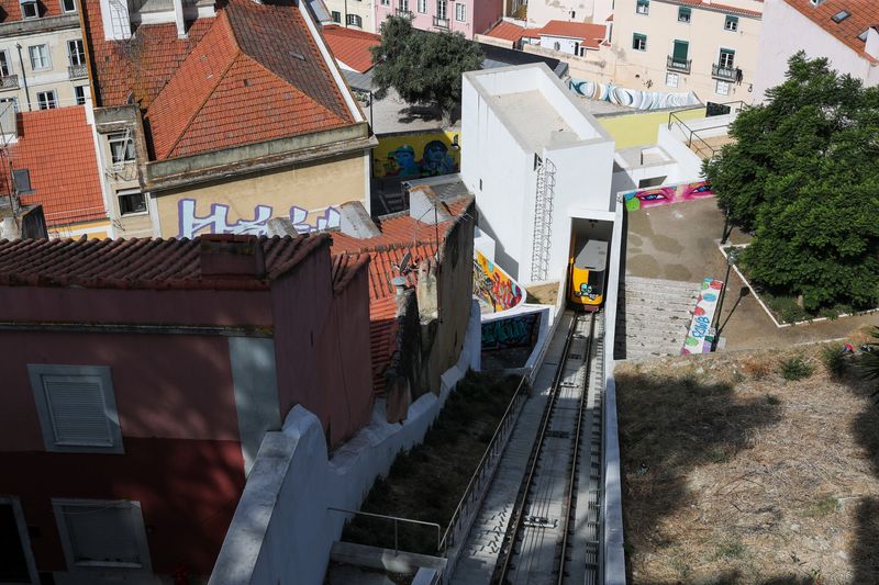 A railway car of the Graca funicular is seen after Lisbon's funiculars were suspended in the aftermath of the Gloria funicular railway car derailment and crash, which resulted in multiple casualties, in Lisbon, Portugal, Thursday.