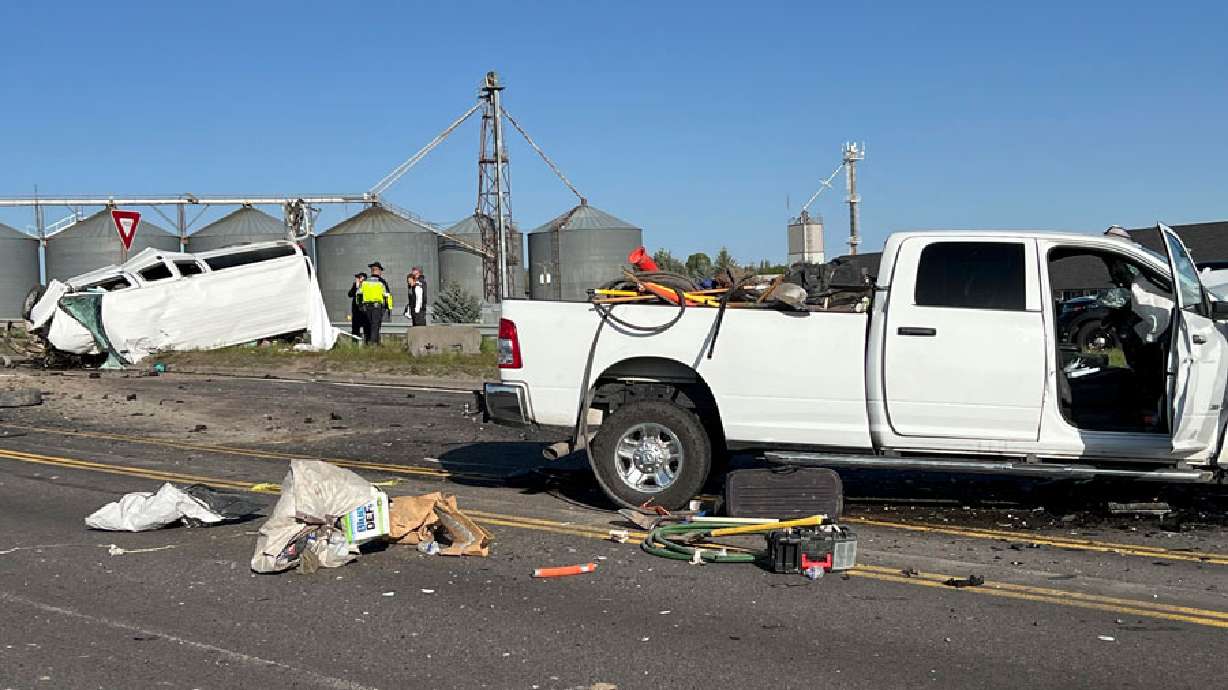 A pickup truck crashed into a passenger van on U.S. Highway 20, May 18, 2024, in Idaho Falls, killing six people. A man was sentenced to prison Tuesday for causing the crash.