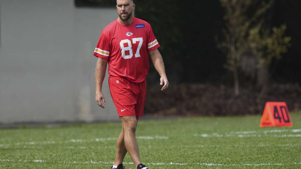 Kansas City Chiefs tight end Travis Kelce walks on the field during a training session prior to a NFL football game against Los Angeles Chargers, in Sao Paulo, Brazil, Thursday, Sept. 4, 2025.