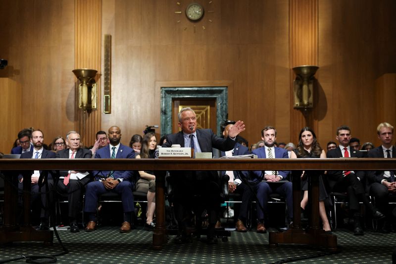 Health Secretary Robert F. Kennedy Jr. at a Senate hearing in Washington, Thursday. Kennedy was grilled on his recent vaccine policy changes and more in a fiery hearing.